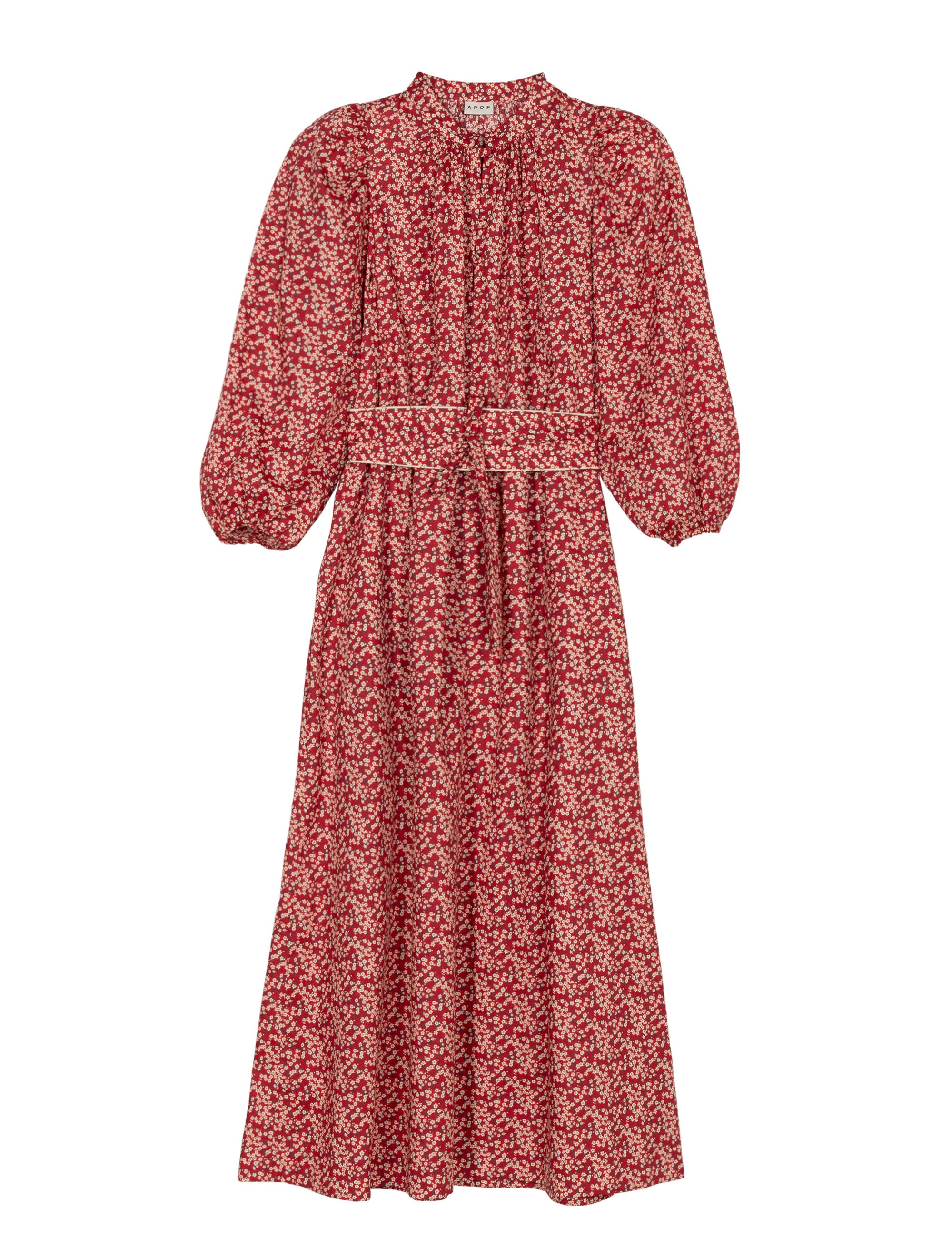 Romantic floral summer maxi dress with long puff sleeves, round collar with covered buttons and matching fabric belt