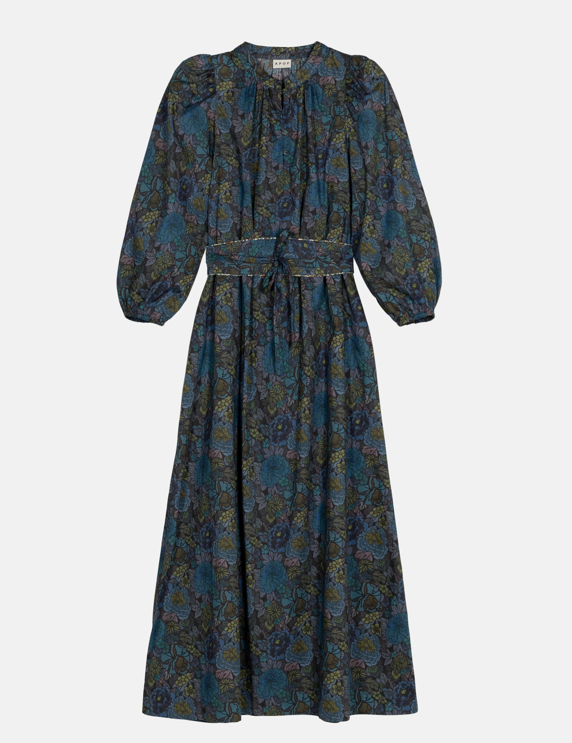 Long-sleeve dress with a blue and green floral pattern and matching fabric belt on a white background