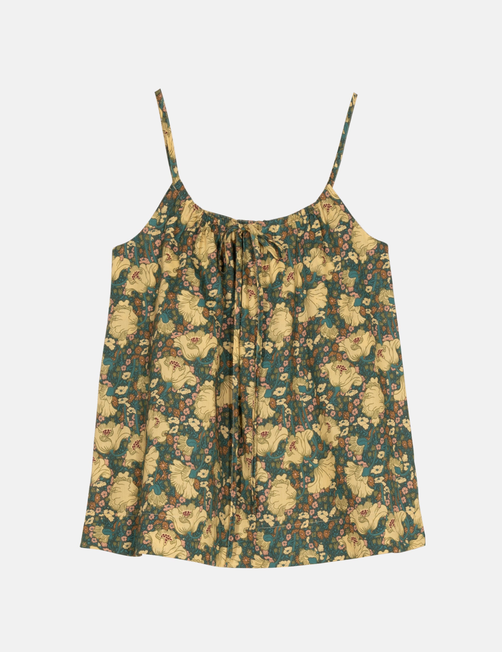 Green and yellow floral patterned top with thin straps 