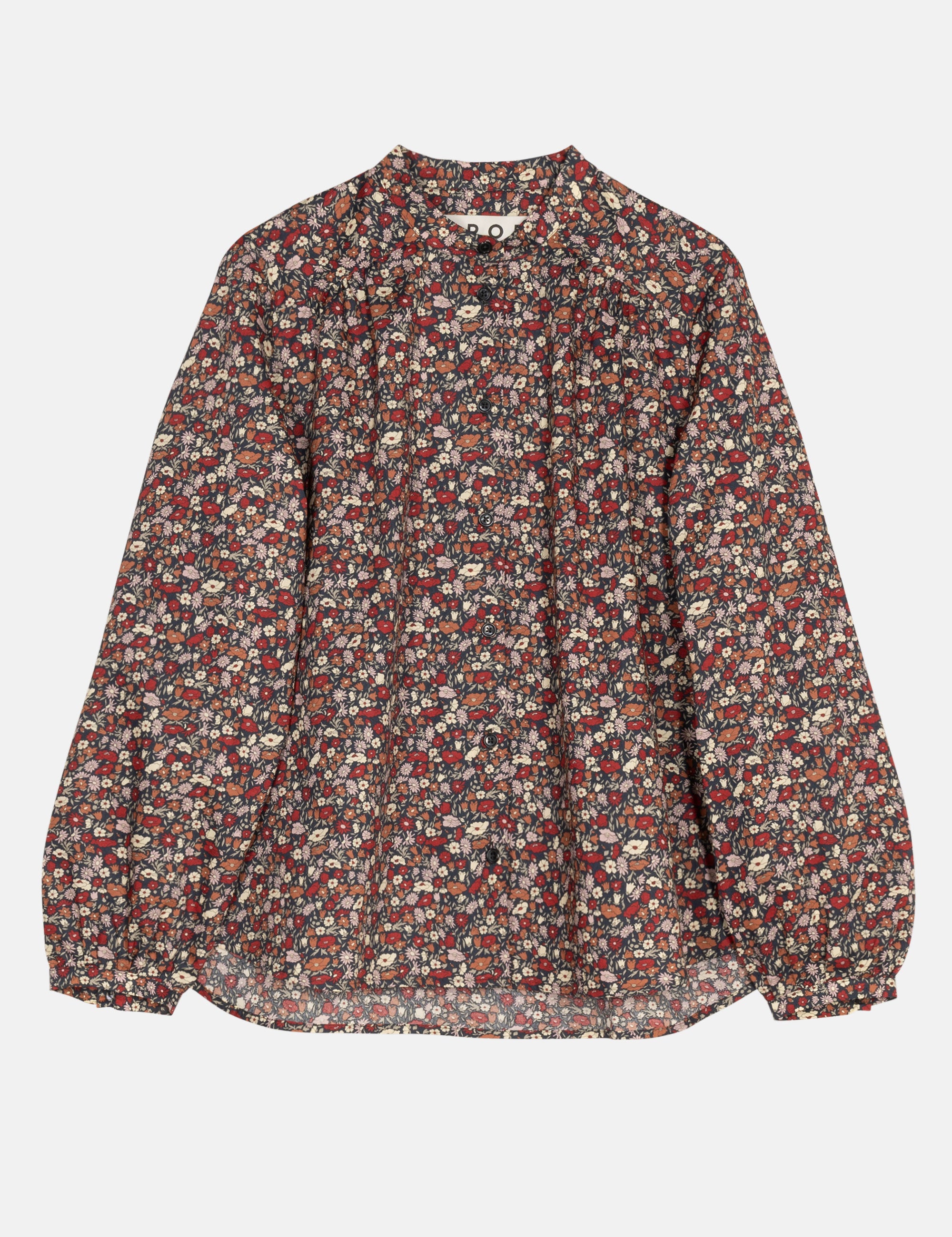 Floral patterned long-sleeve blouse on a white background