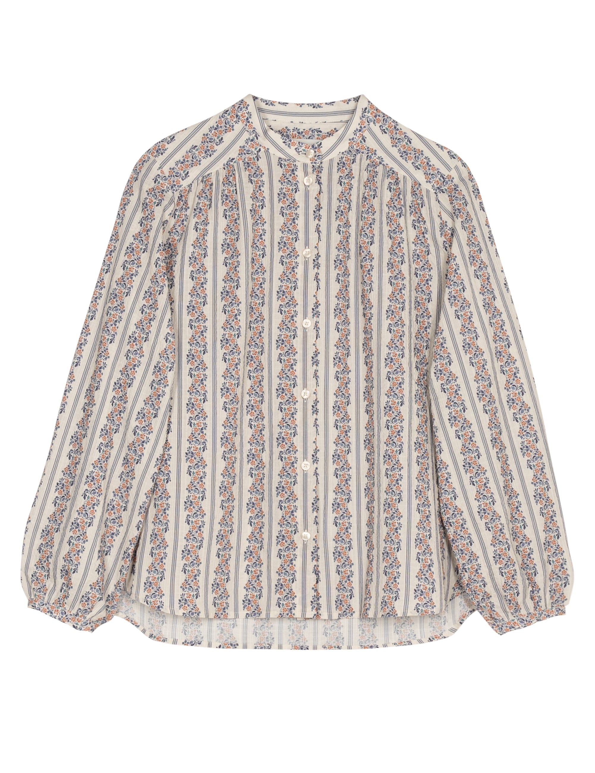 Floral patterned long sleeve women's shirt with round neck and buttons on a white background