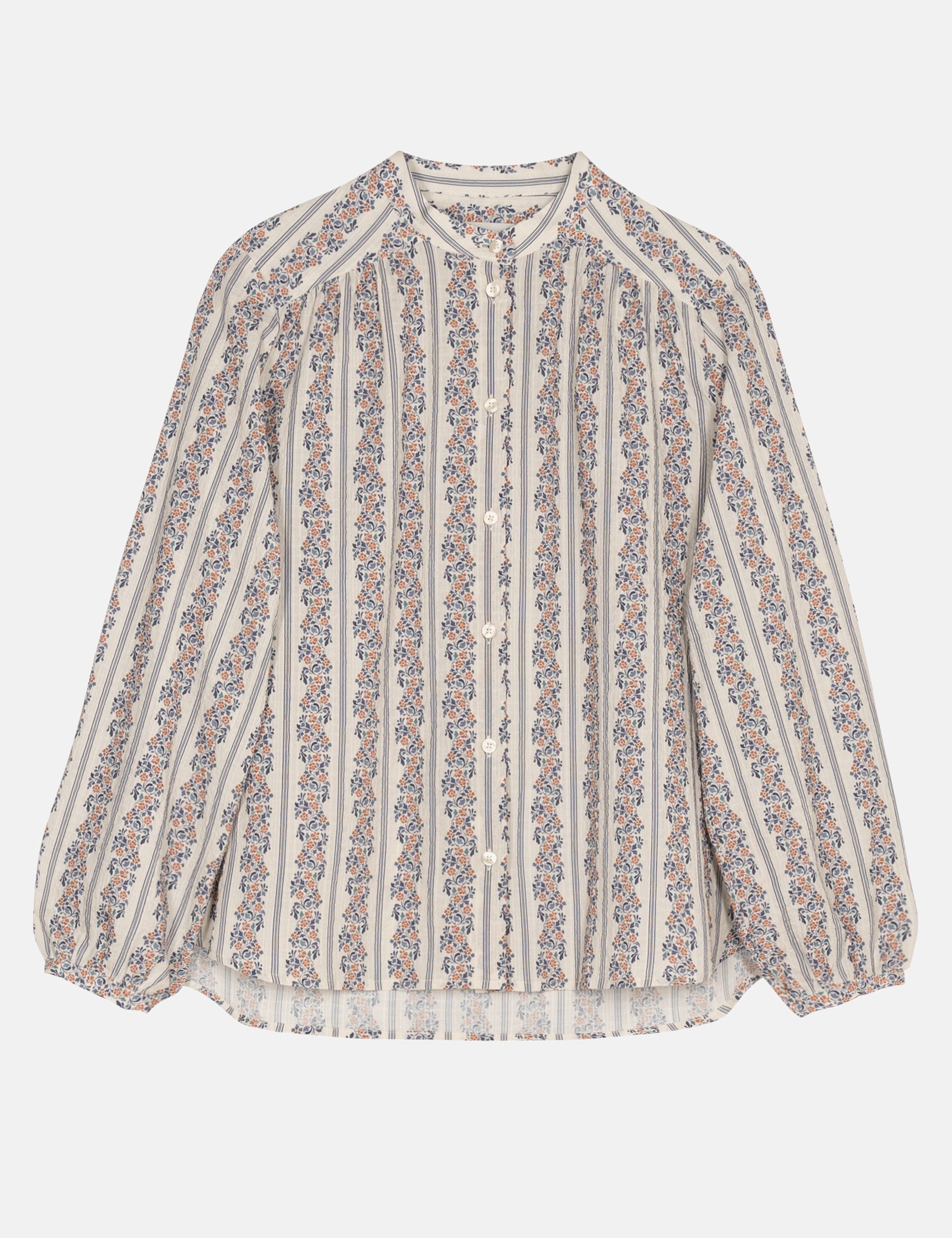 Floral patterned long sleeve women's shirt with round neck and buttons on a white background