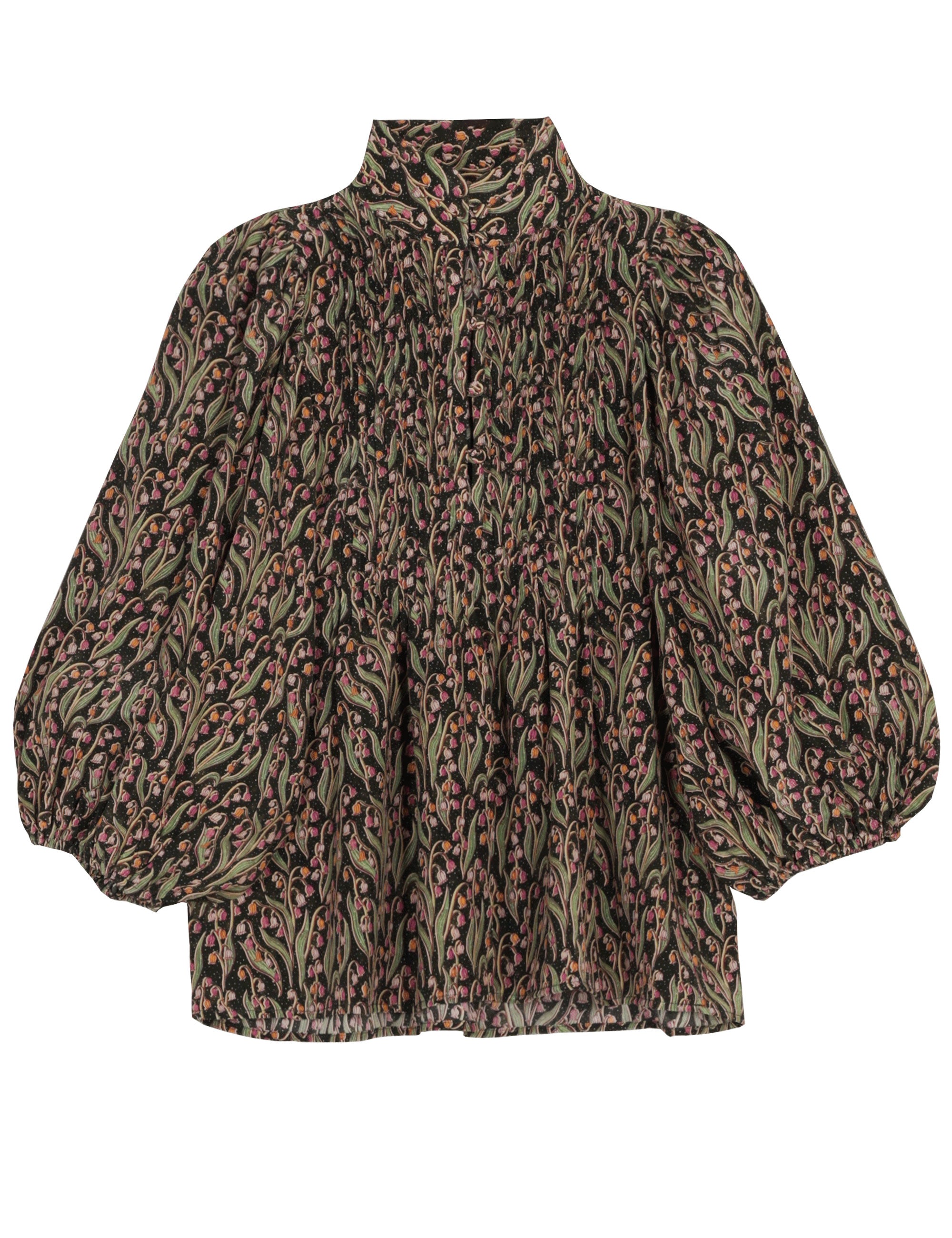 Pink and green flower patterned blouse with short sleeves