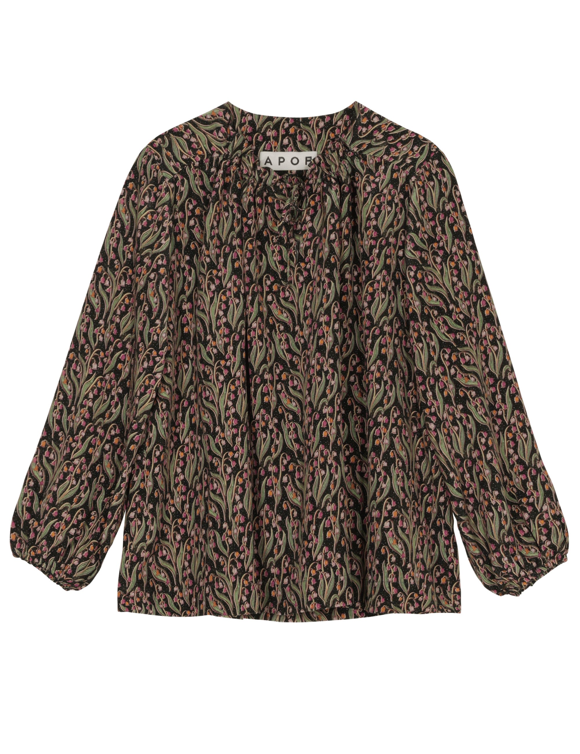 Green and pink flower patterned shirt with long sleeves