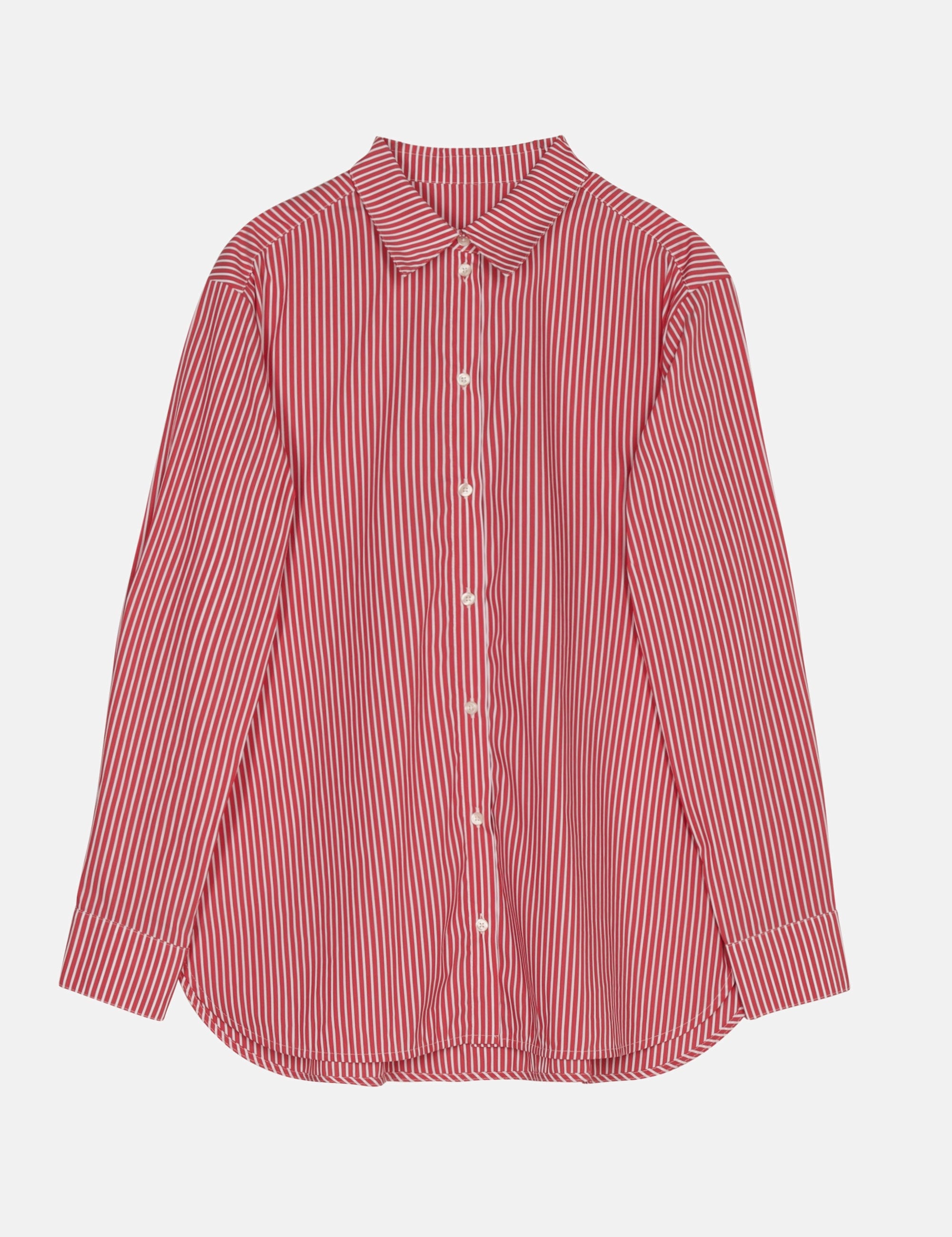 Red and white striped long sleeve women's shirt on a white background