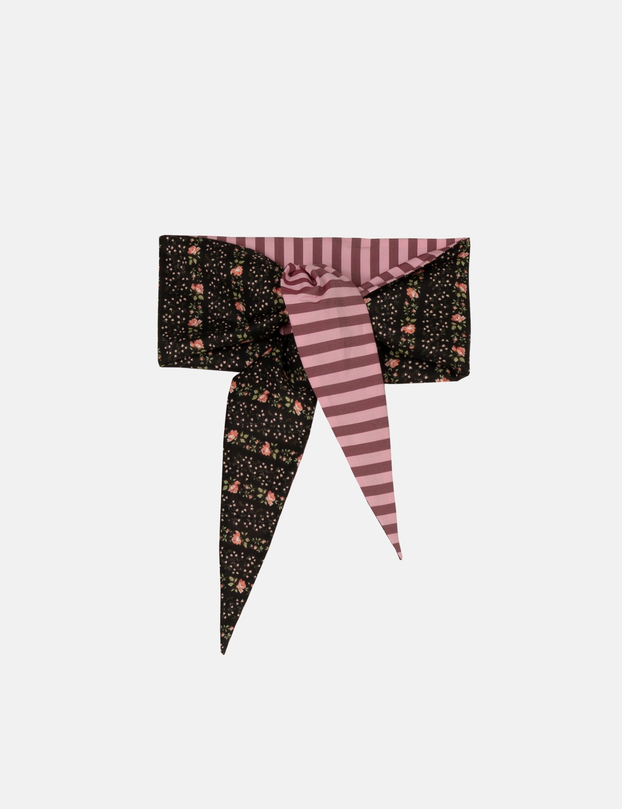Decorative scarf with black floral and pink striped patterns