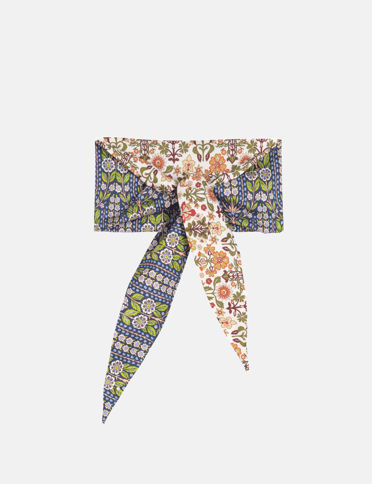 Floral paisley bandana with tied bow and long trailing tails, blue and cream