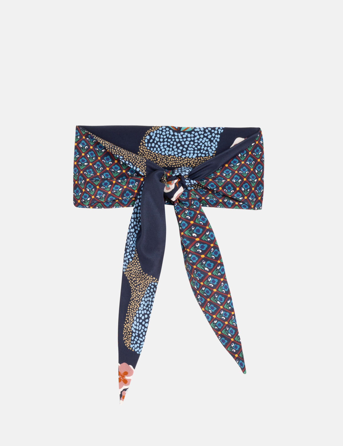 Navy patterned bandana with long tie bow and multicolor dotted motifs