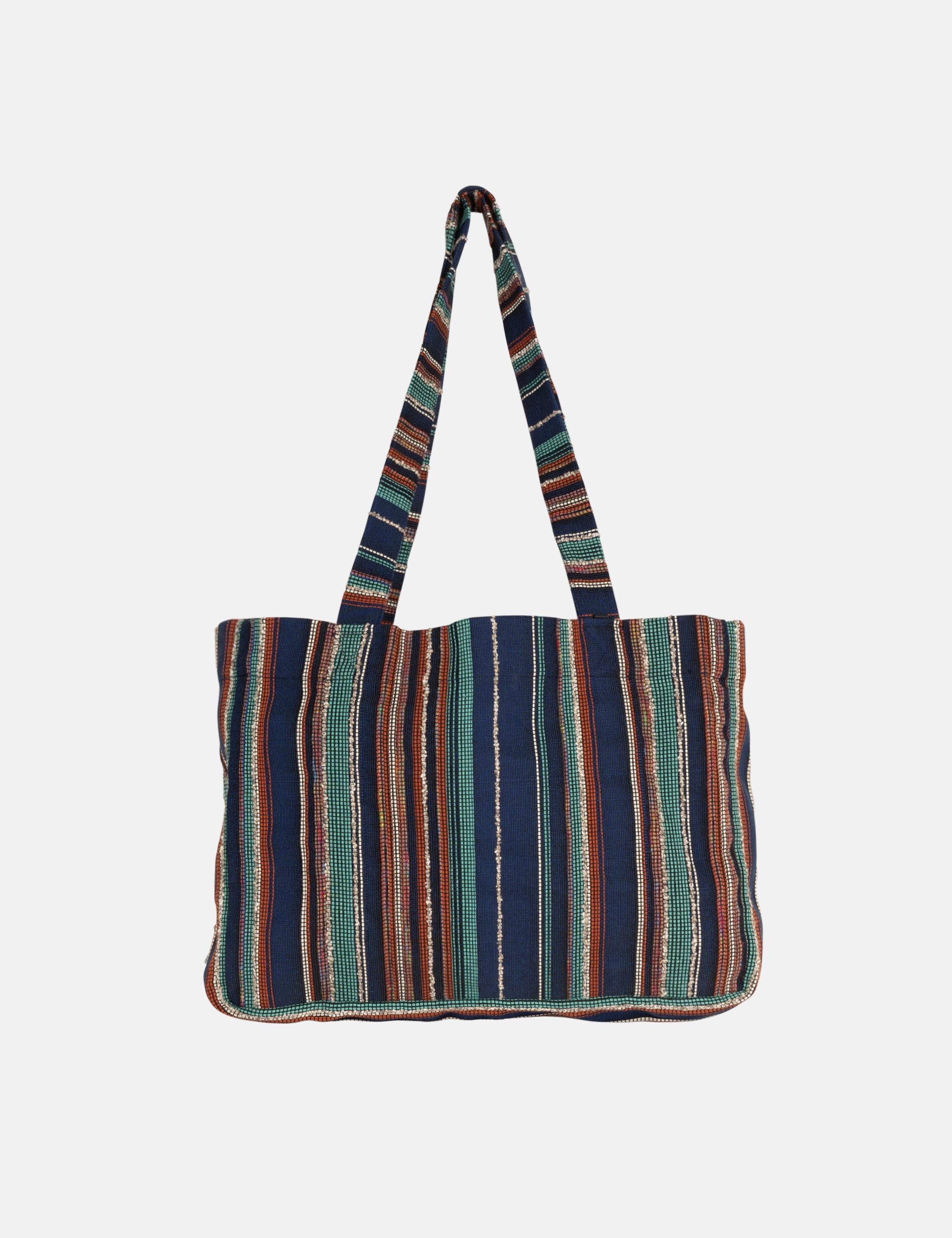 Striped tote bag with a colorful handle on a white background