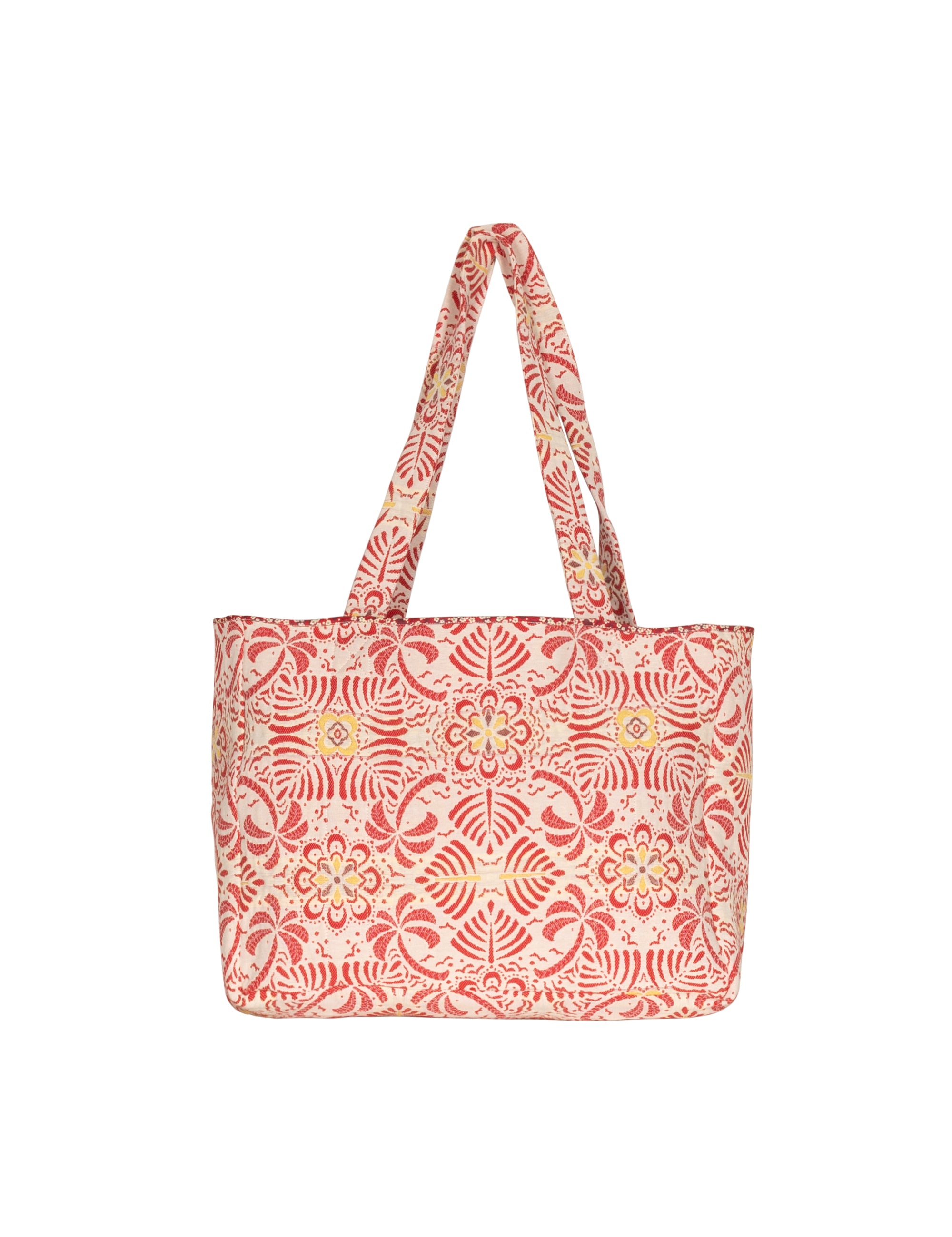 Red floral patterned tote bag on a white background