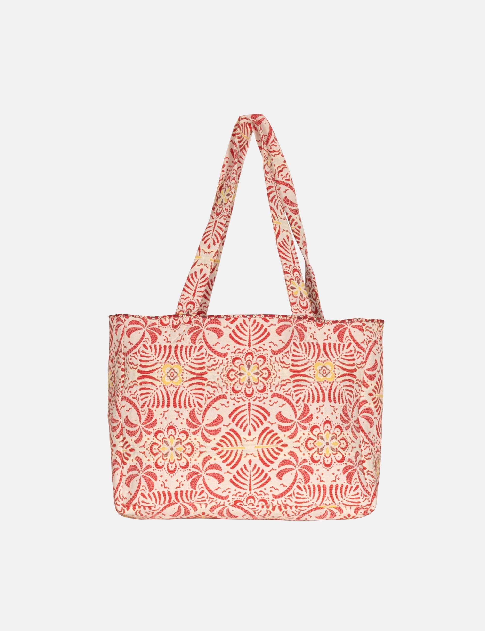 Red floral patterned tote bag on a white background