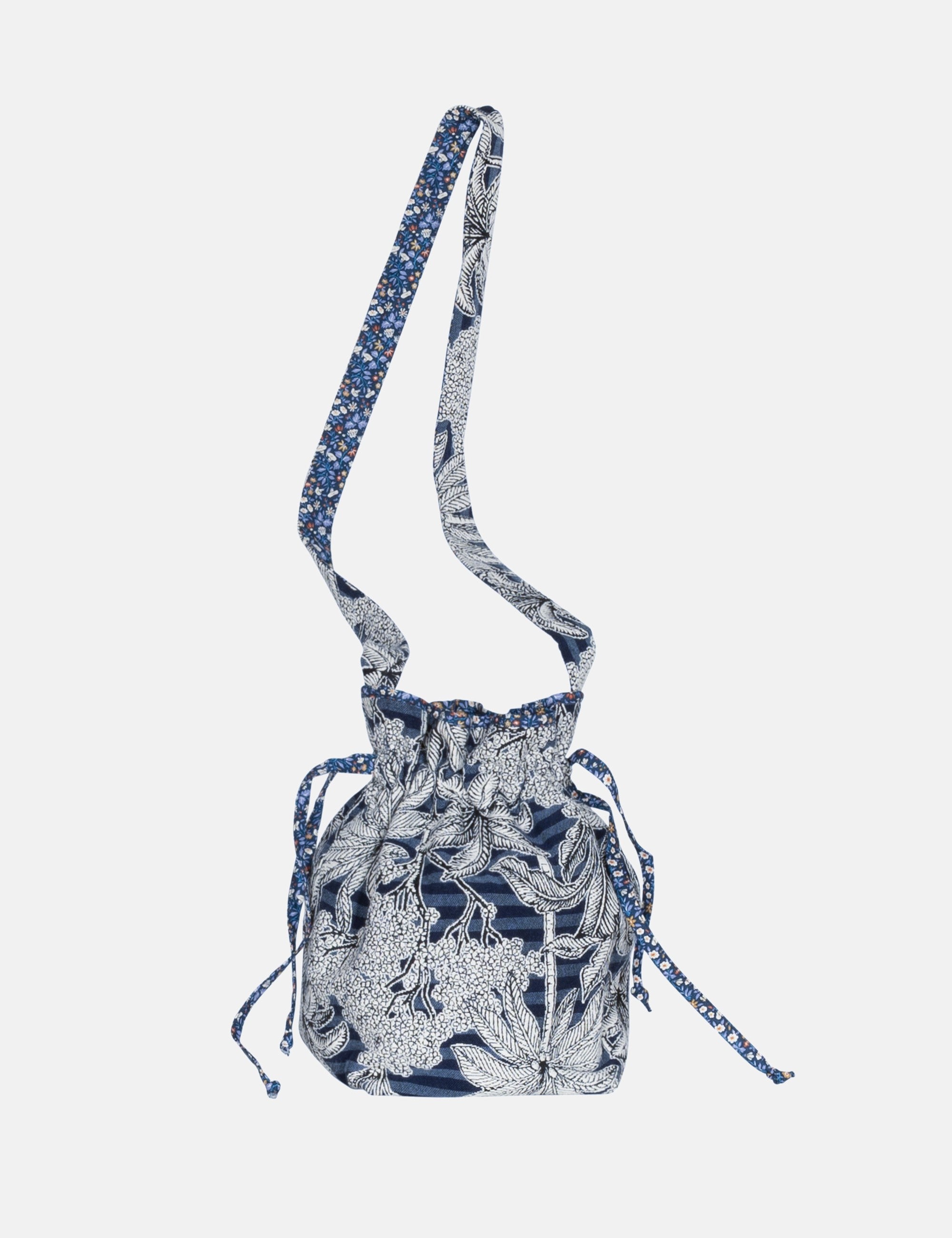 Blue floral patterned drawstring bag on a white background