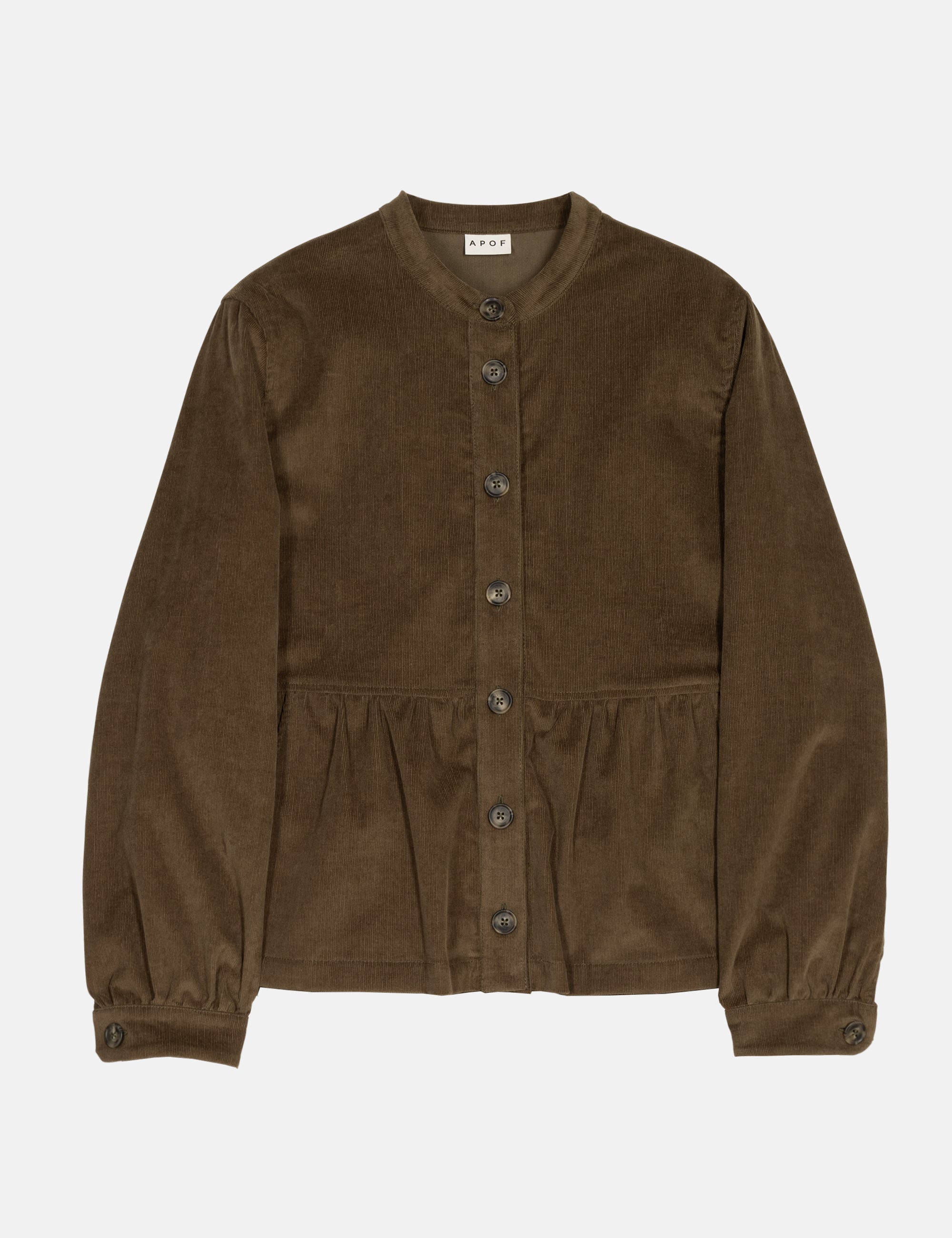 Olive green women's corduroy jacket with button details on a white background
