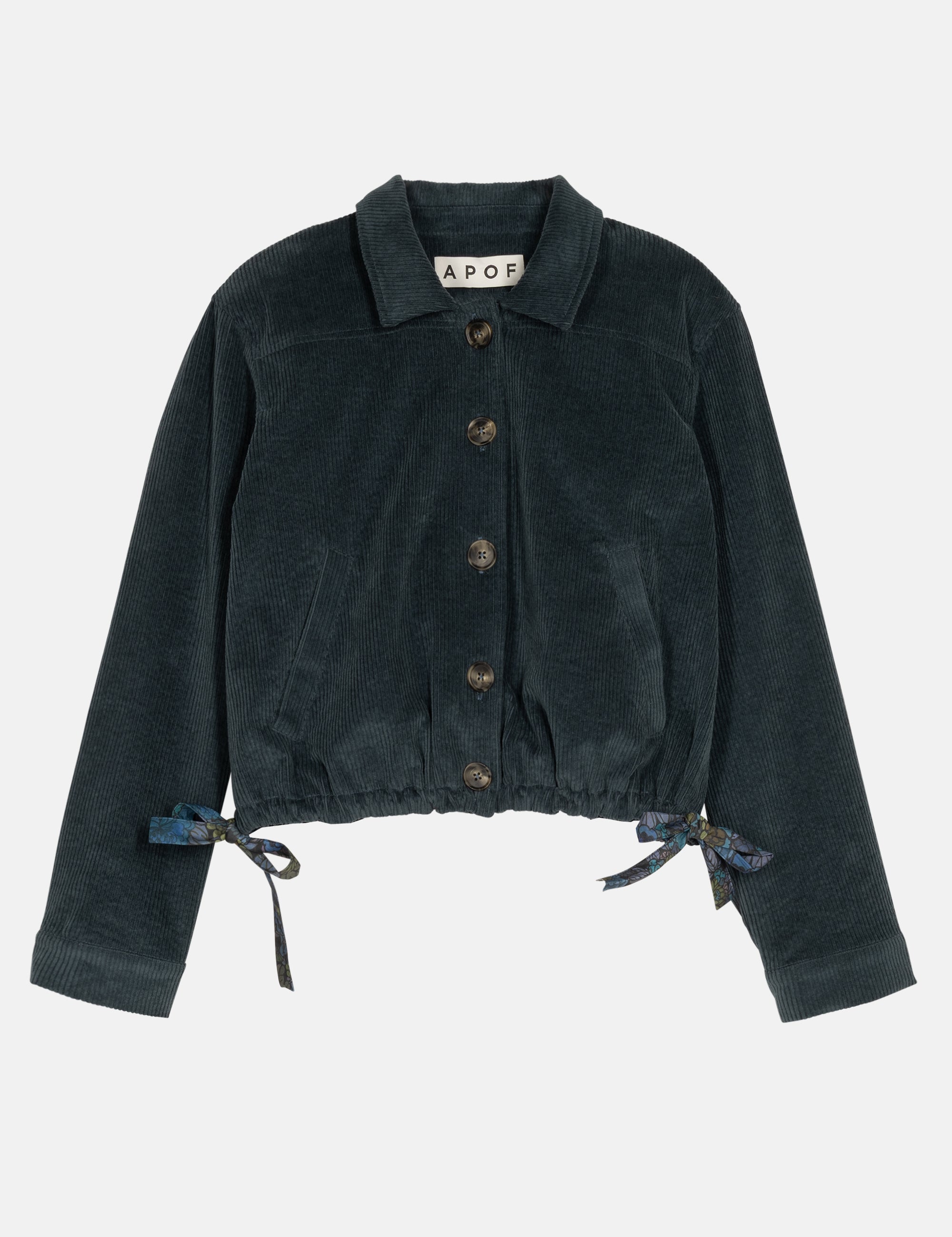Blue women's corduroy jacket with button details, collar and straps on a white background