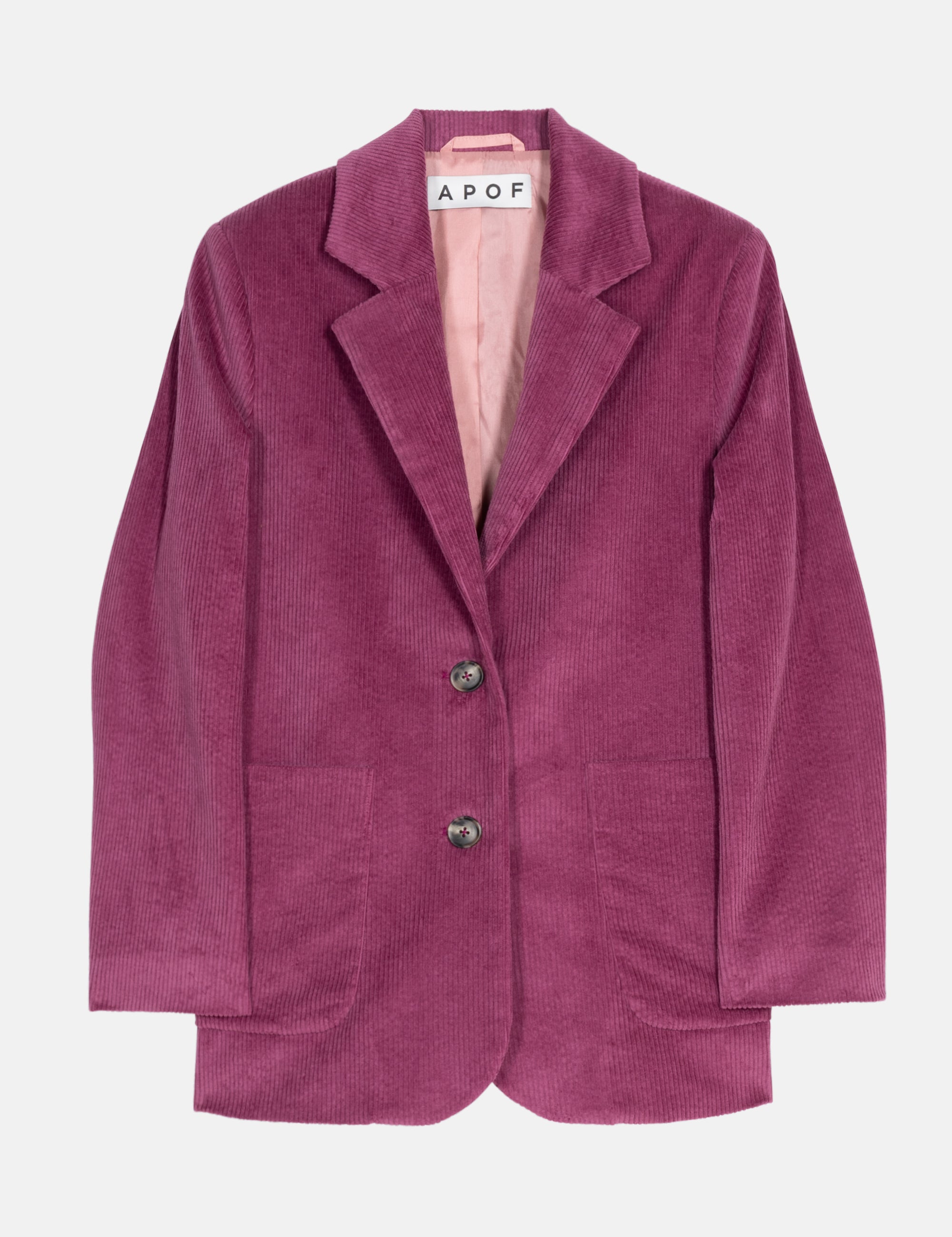 Purple women's corduroy blazer with buttons and pockets on a white background