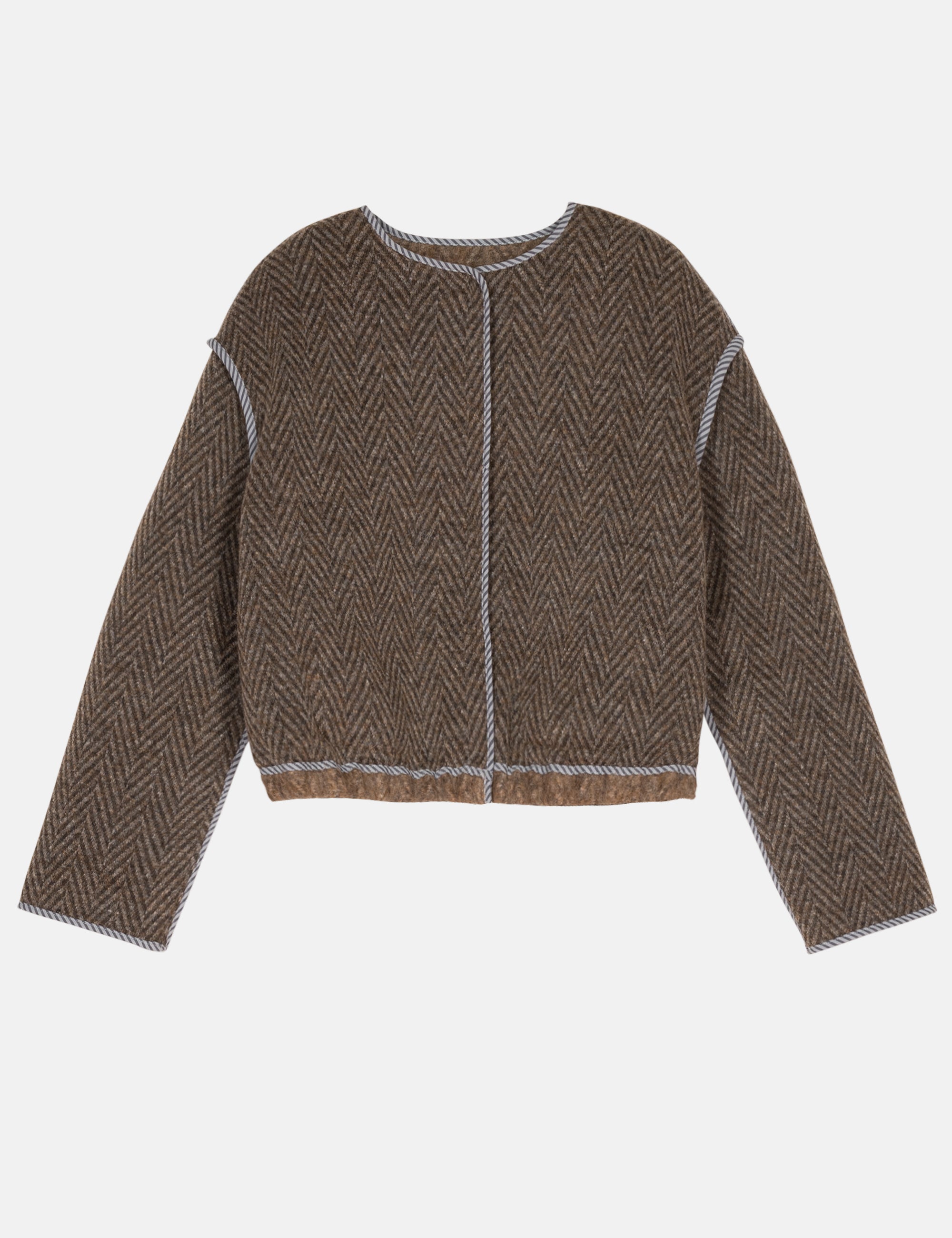 A cropped long-sleeve knit jacket with a brown and beige herringbone pattern, featuring light gray contrast stitching along the edges
