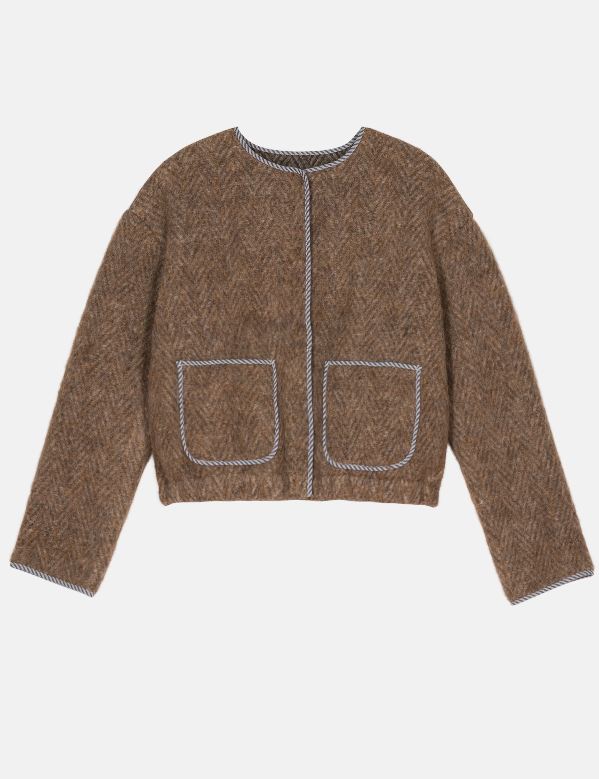 A brown herringbone knit cropped jacket with two front patch pockets and contrasting light gray trim