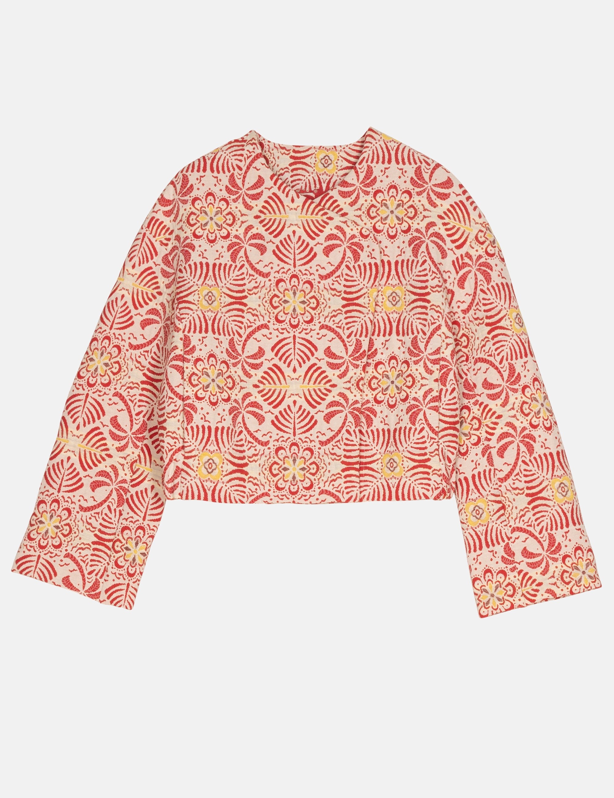 Red and white patterned women's jacket on a white background