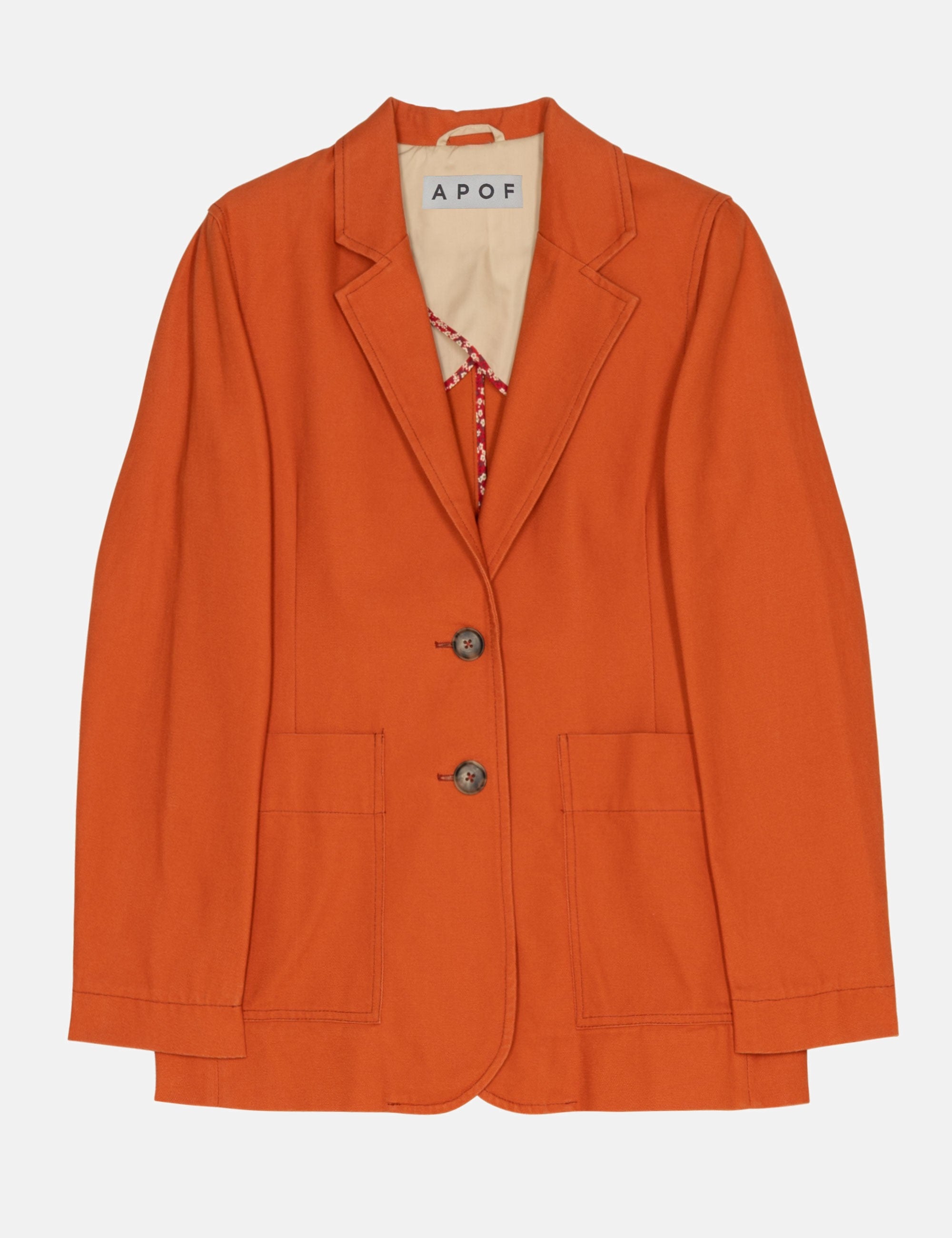 Orange women's blazer with a visible APOF brand label on a white background