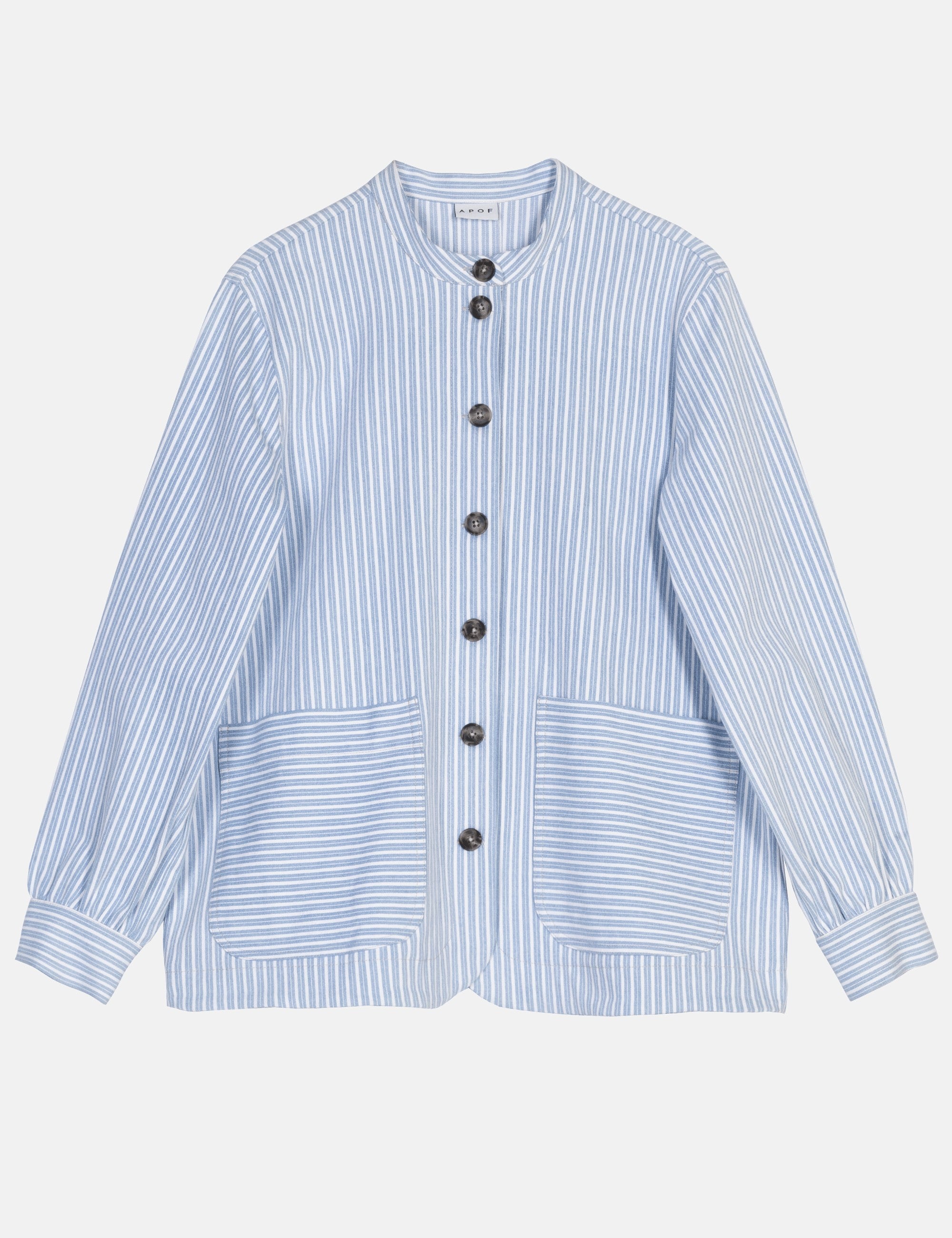 Blue and white striped women's jacket  with buttons and pockets on a white background
