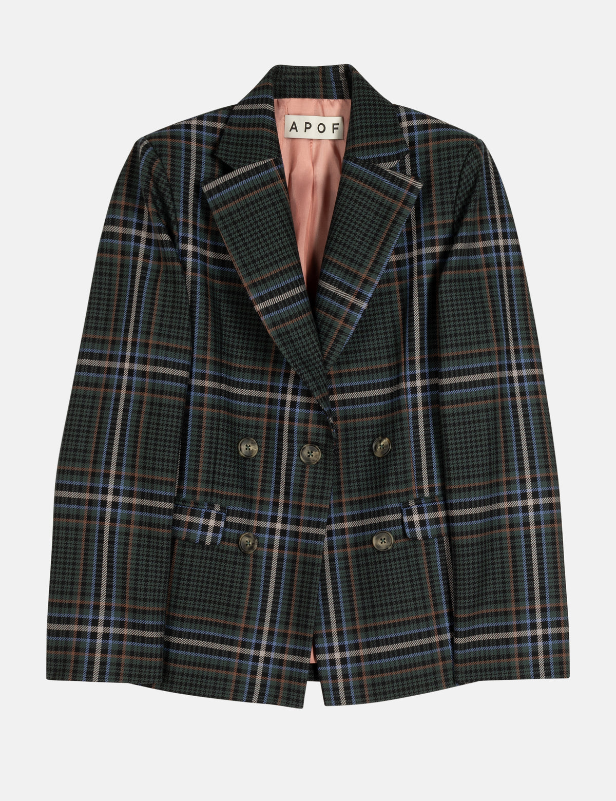 Harris check double-breasted blazer jacket with peak lapels and six buttons