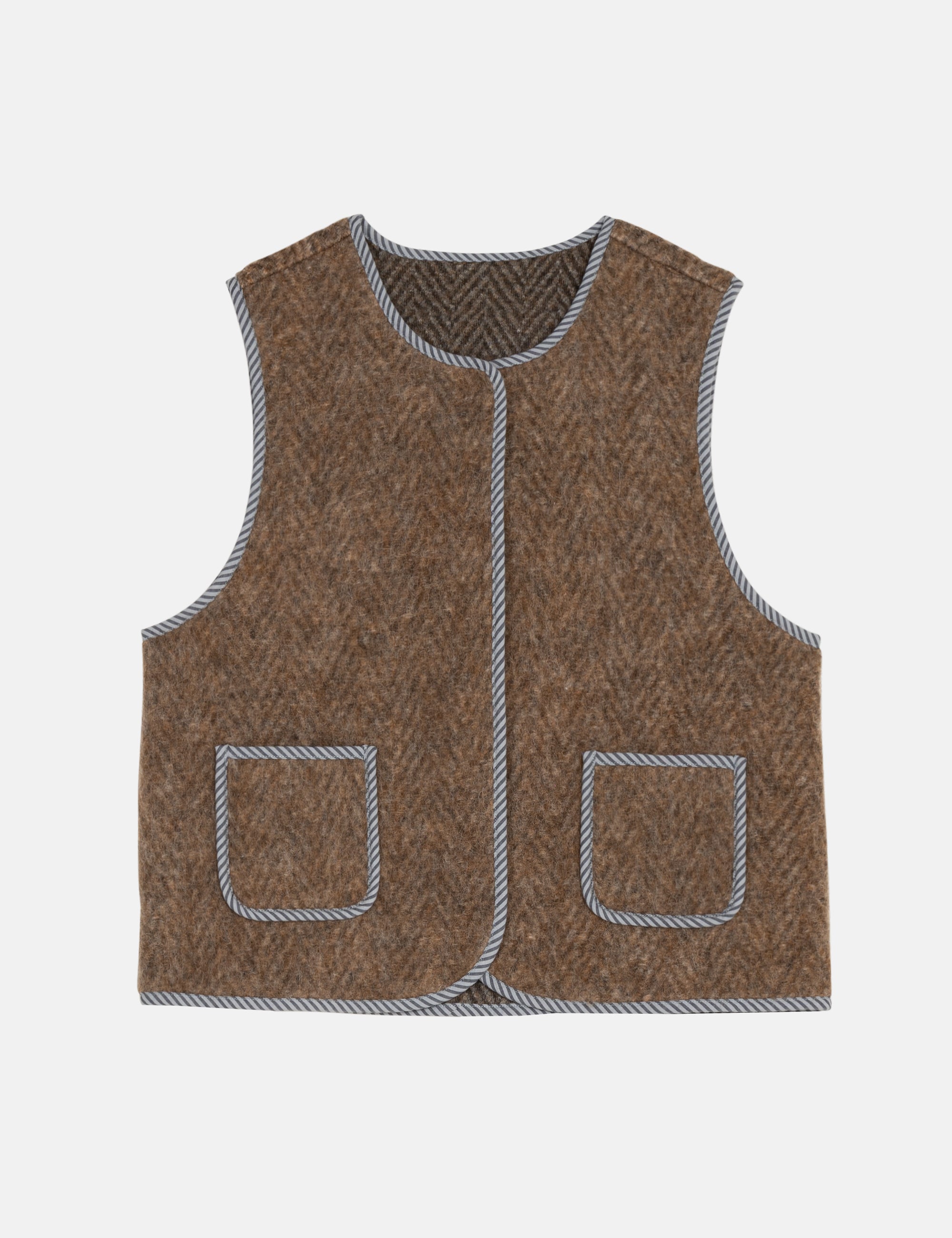 Brown vest with striped stitching on a light gray background