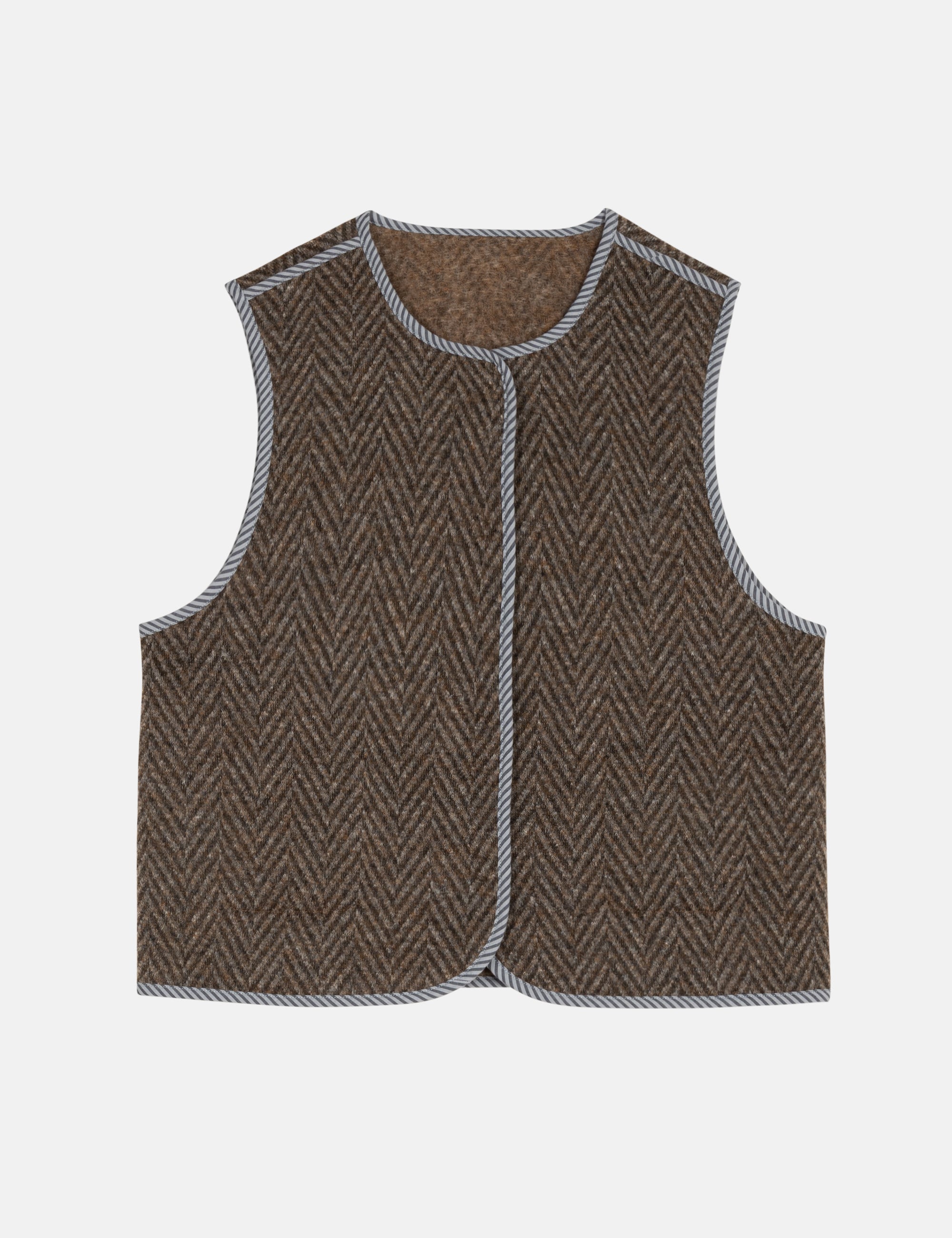 Brown herringbone patterned vest on a white background