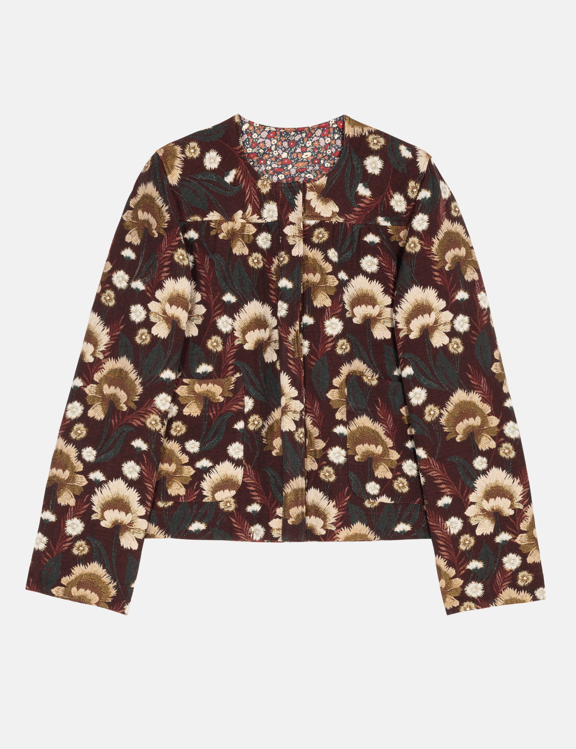 Brown floral patterned women's jacquard jacket on a white background