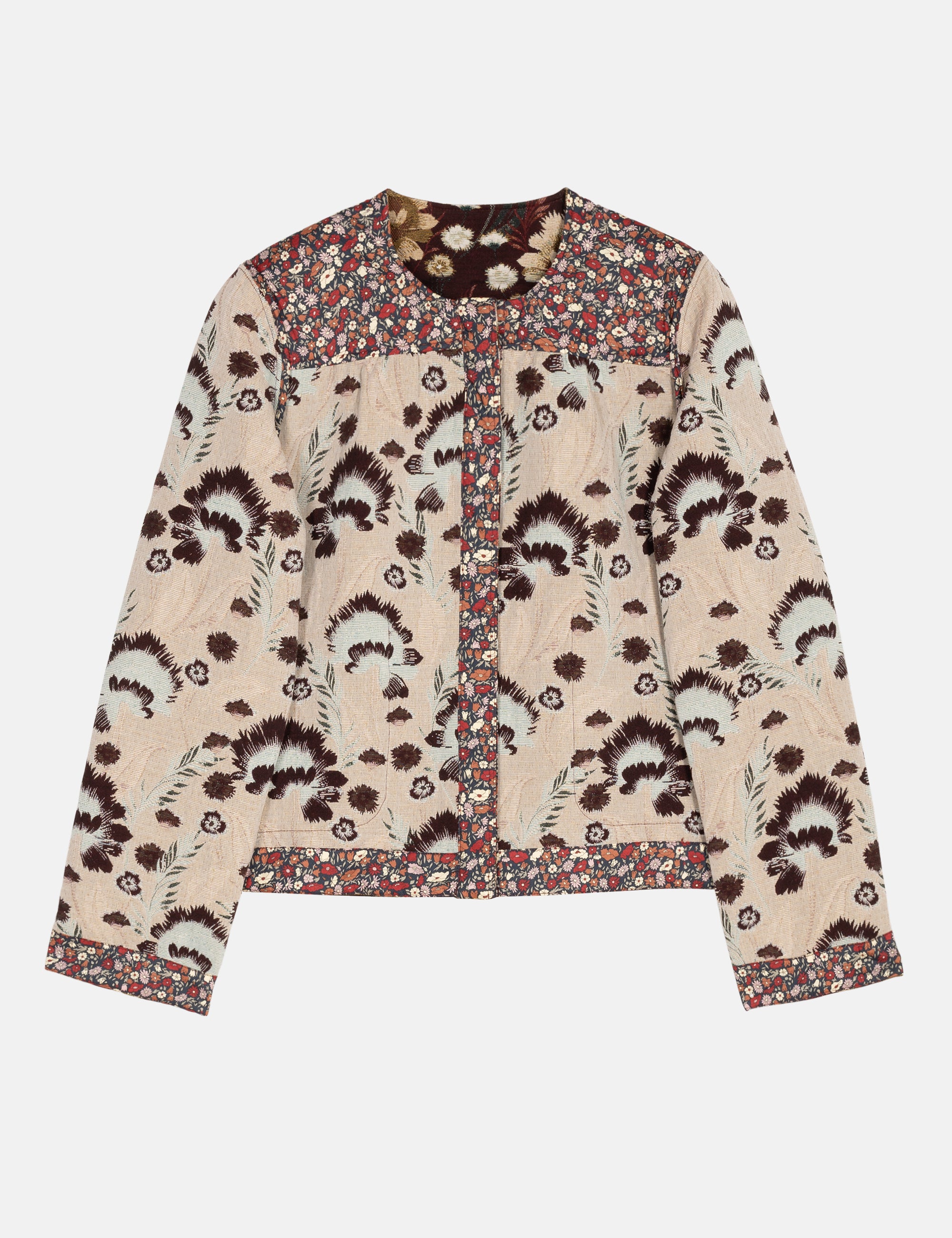 Beige women's jacquard jacket with brown floral pattern on a white background