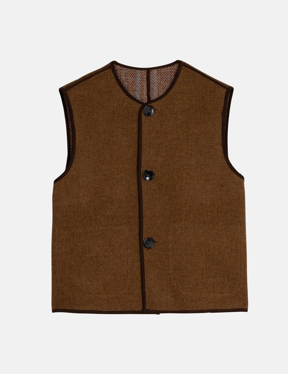 Brown vest with button details on a light gray background