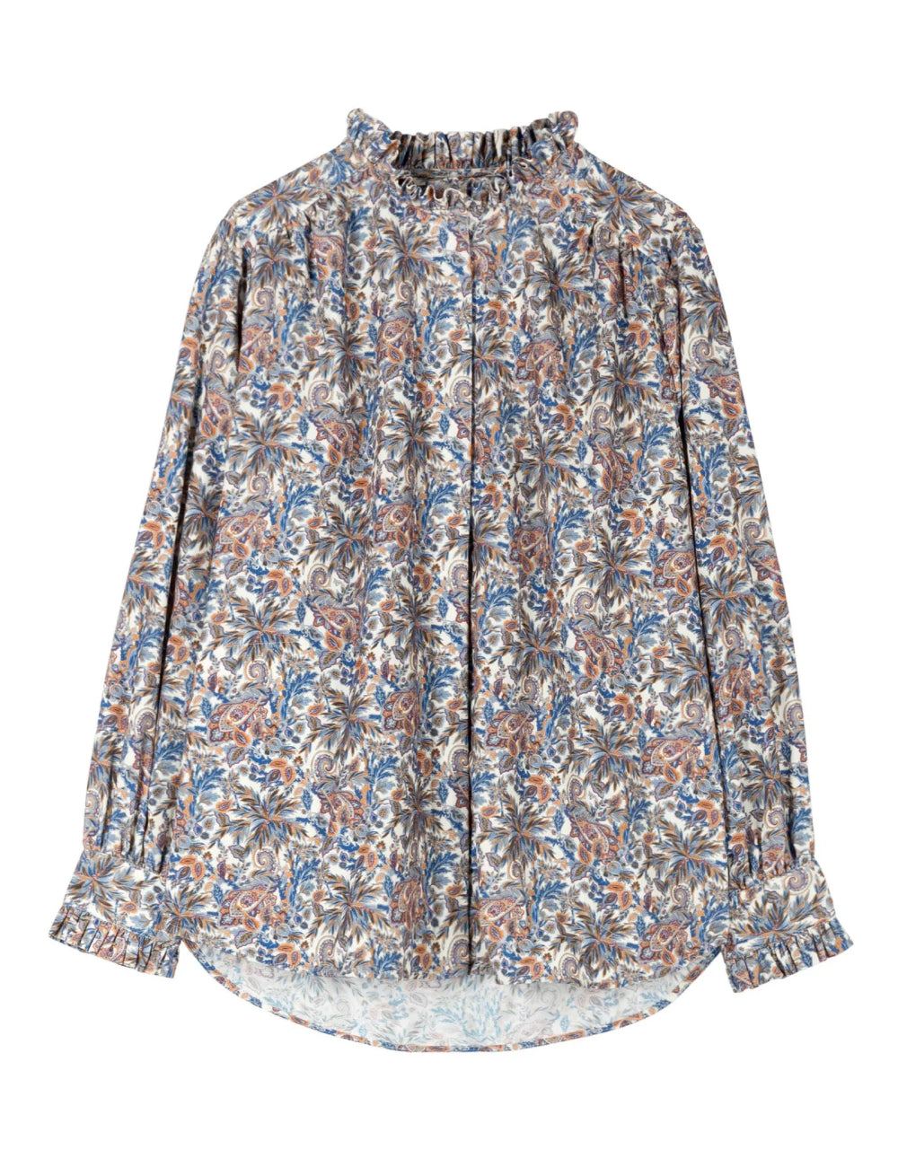 Women's shirt jacket in red blue and grey paisley pattern with frilled stand collar