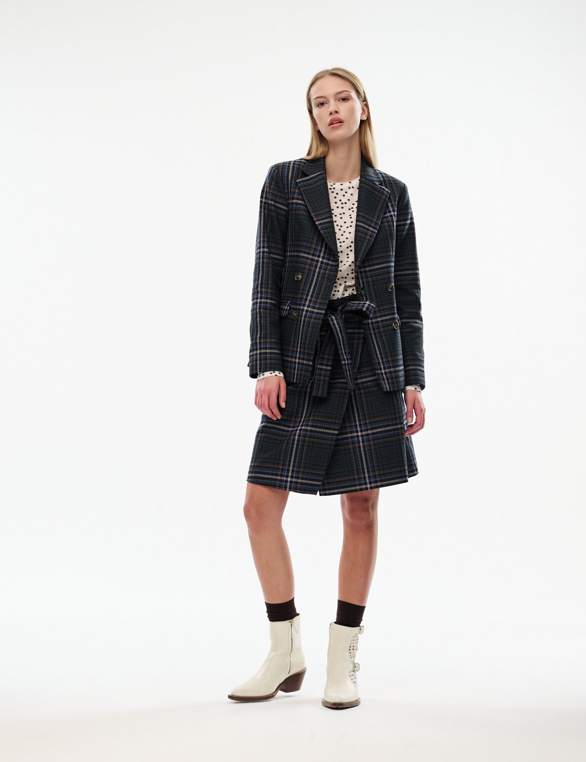 Harris check skirt in dark plaid, tailored A-line with waist tie and knee length