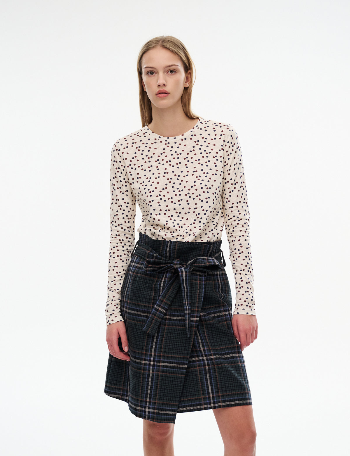 Dark Harris check skirt with bow-tied waist, pleated A-line silhouette