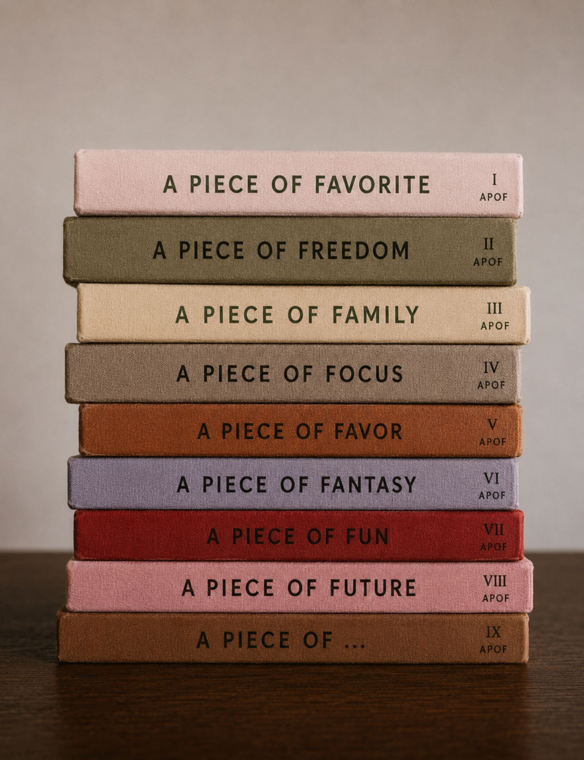 A stack of ten hardcover books titled 'A Piece of.