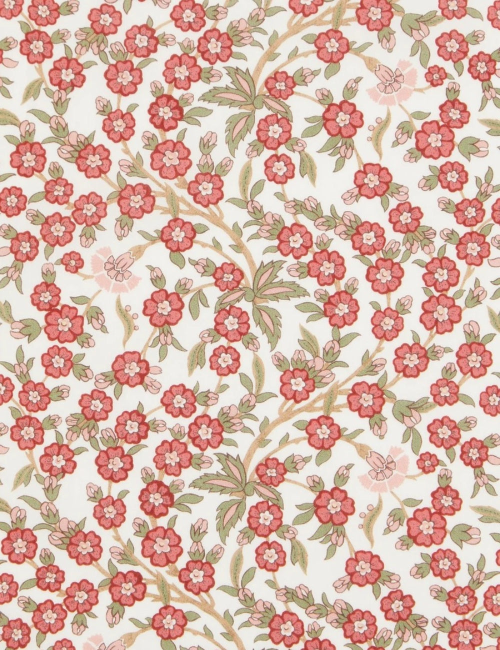 Closeup of Liberty cotton fabric with floral print Empress red