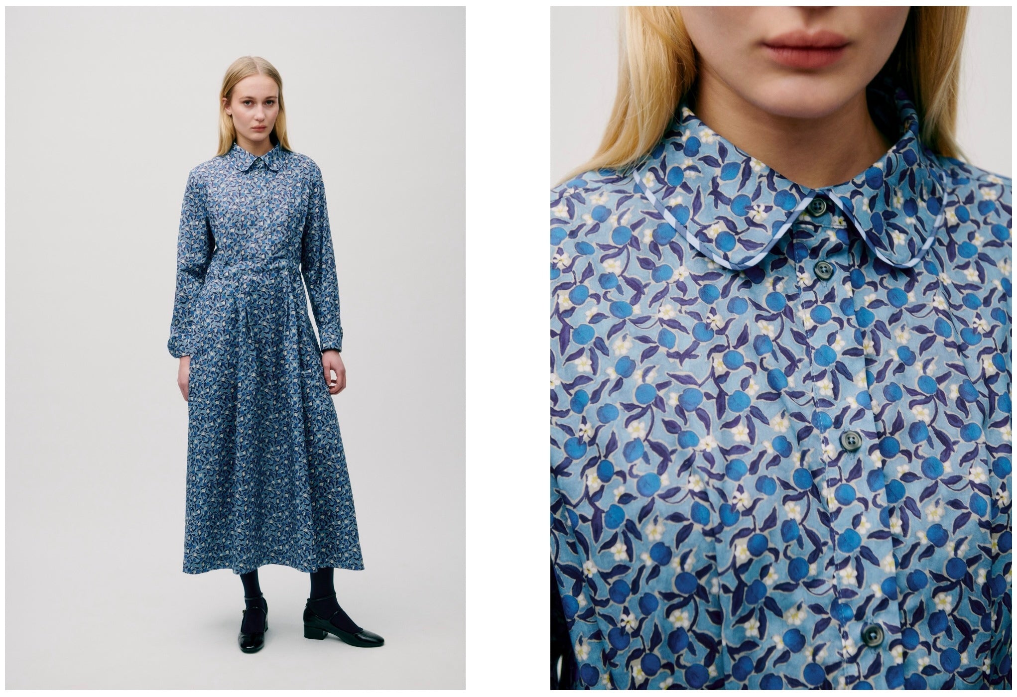 Woman wearing a blue floral dress with a close-up of the collar 