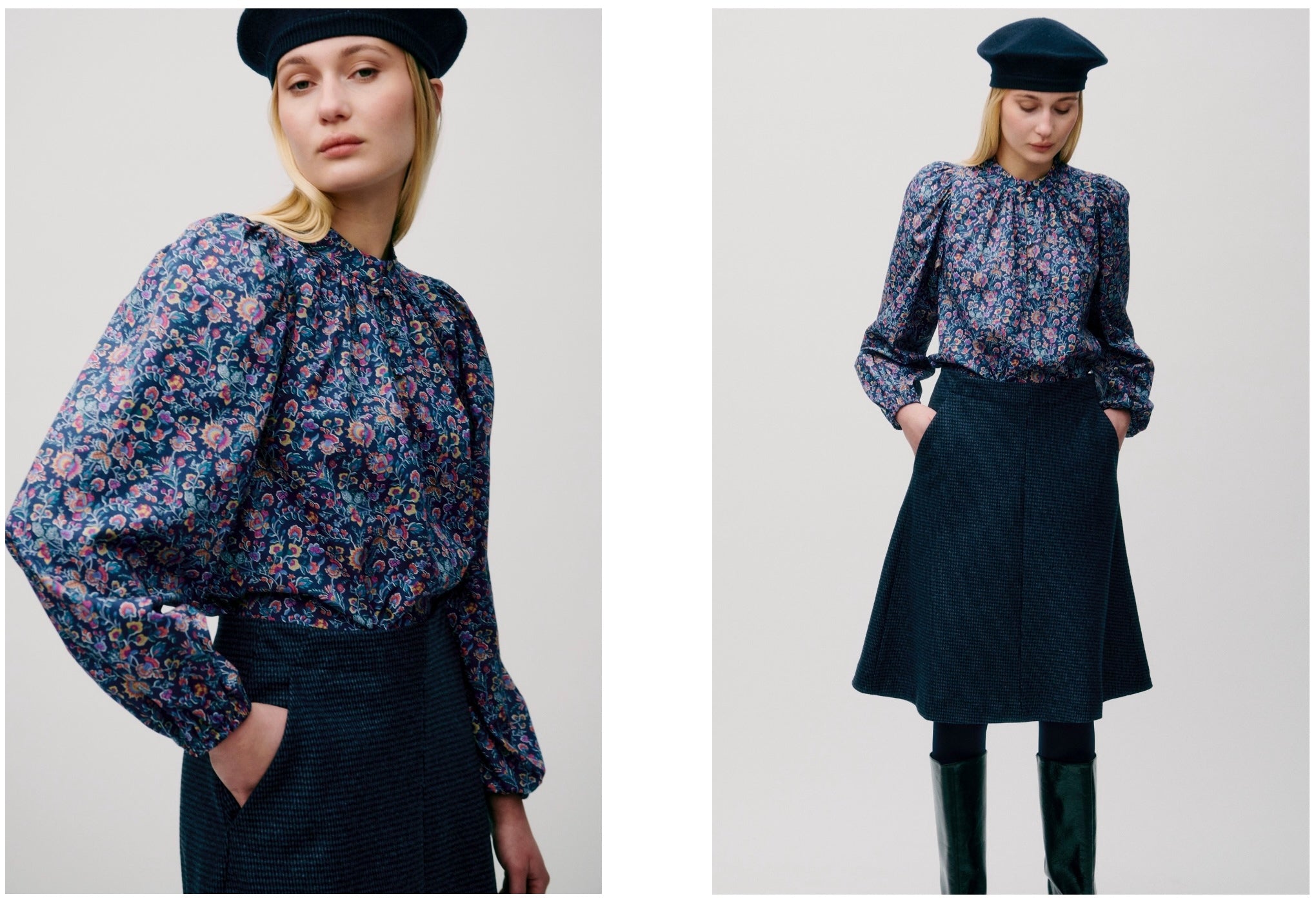 Woman wearing a floral blouse and dark skirt with a beret on a plain background