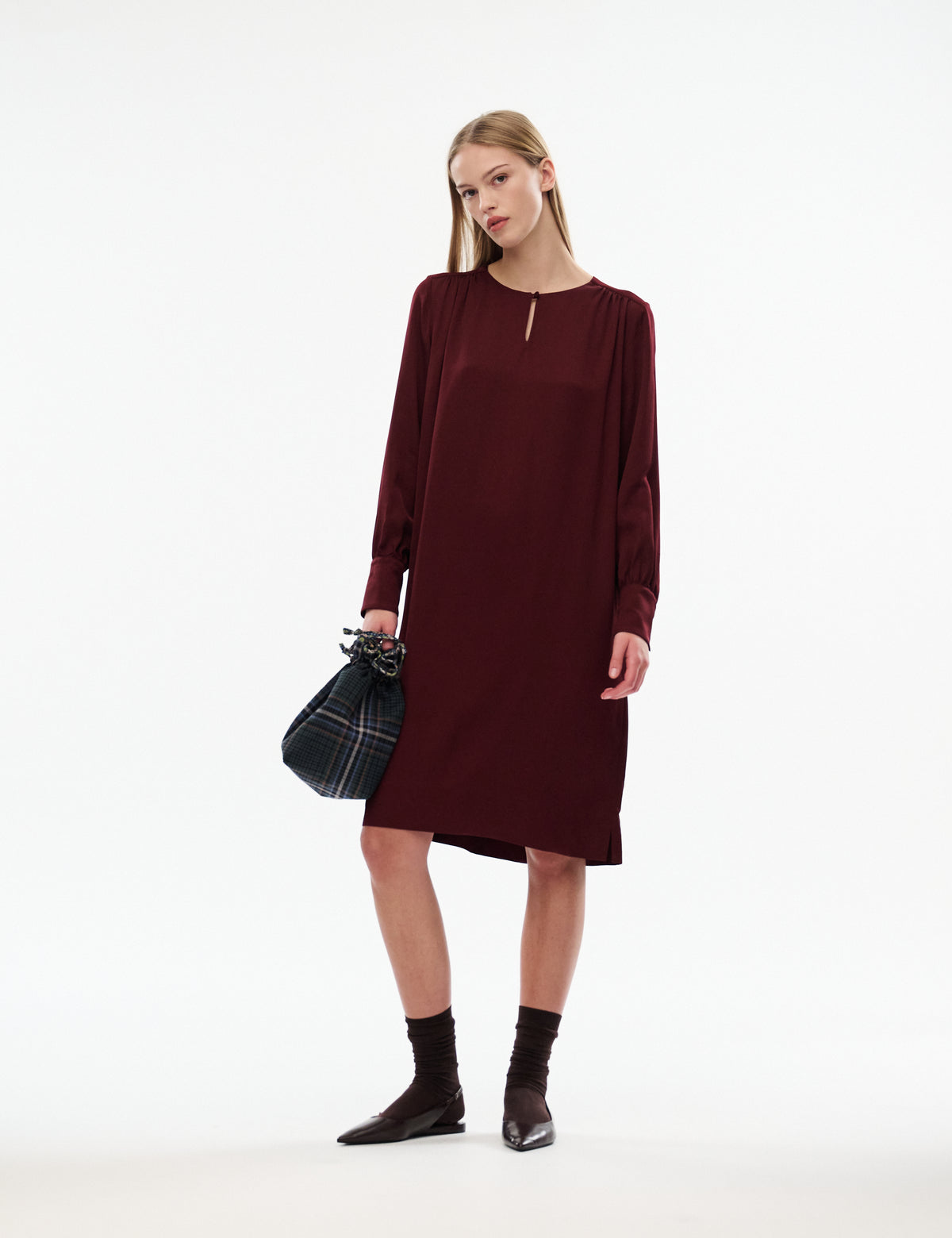 Burgundy midi dress with 3/4 puff sleeves and relaxed straight silhouette