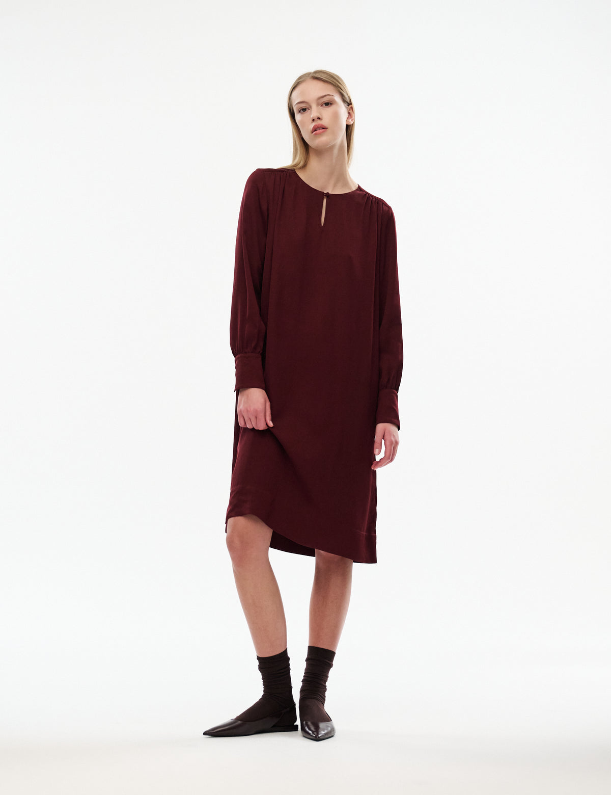 Burgundy button-front midi dress with puff 3/4 sleeves, relaxed straight fit