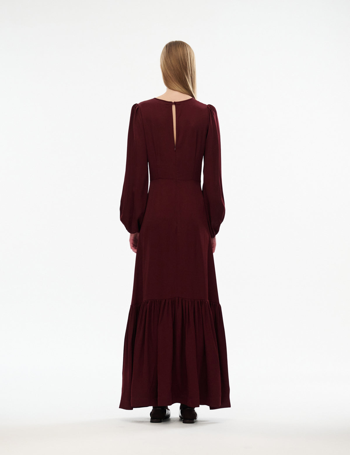 Bourgogne Melodie dress back view with long sleeves and vertical keyhole slit