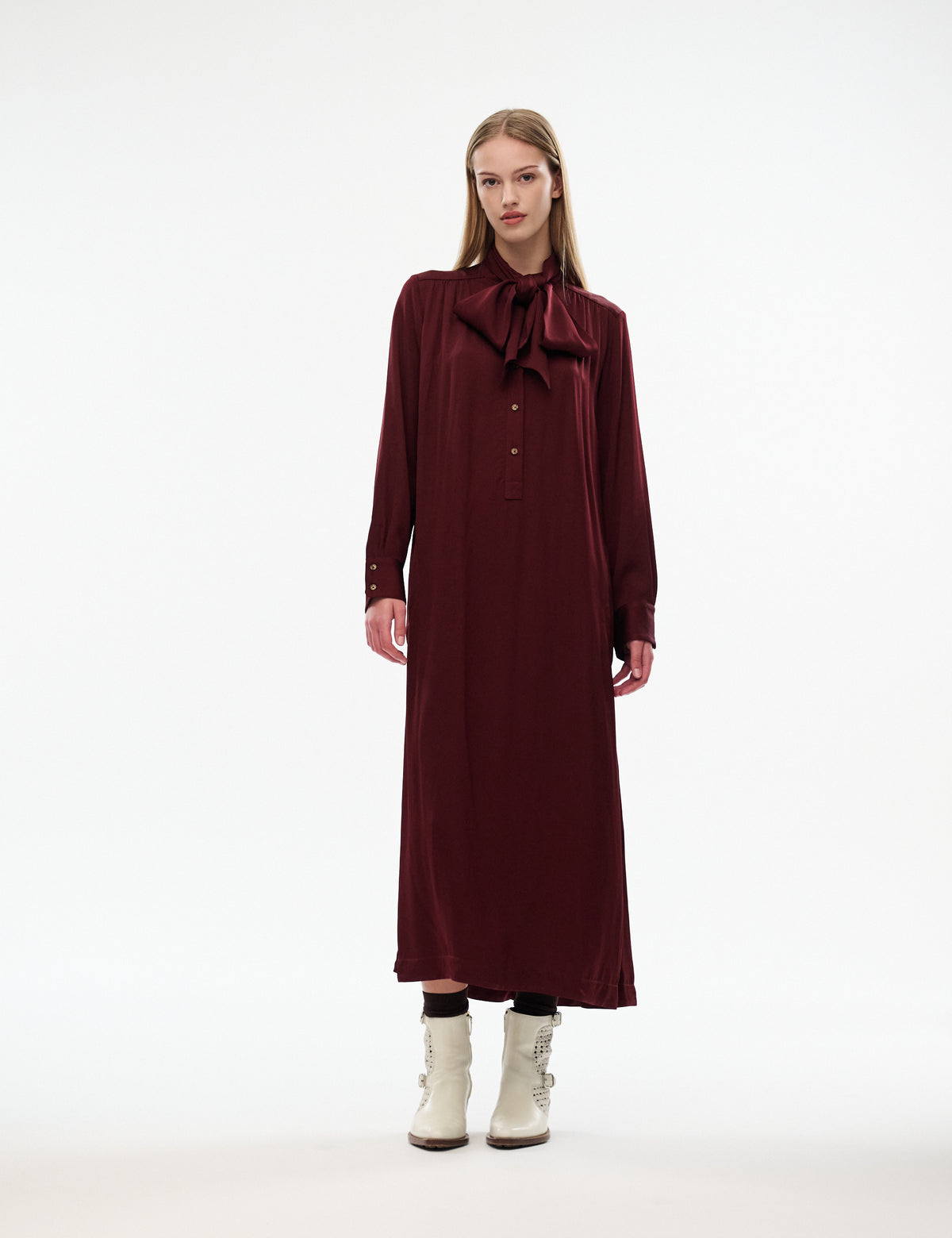 Burgundy midi dress with ruffled collar bow and button front, full front view