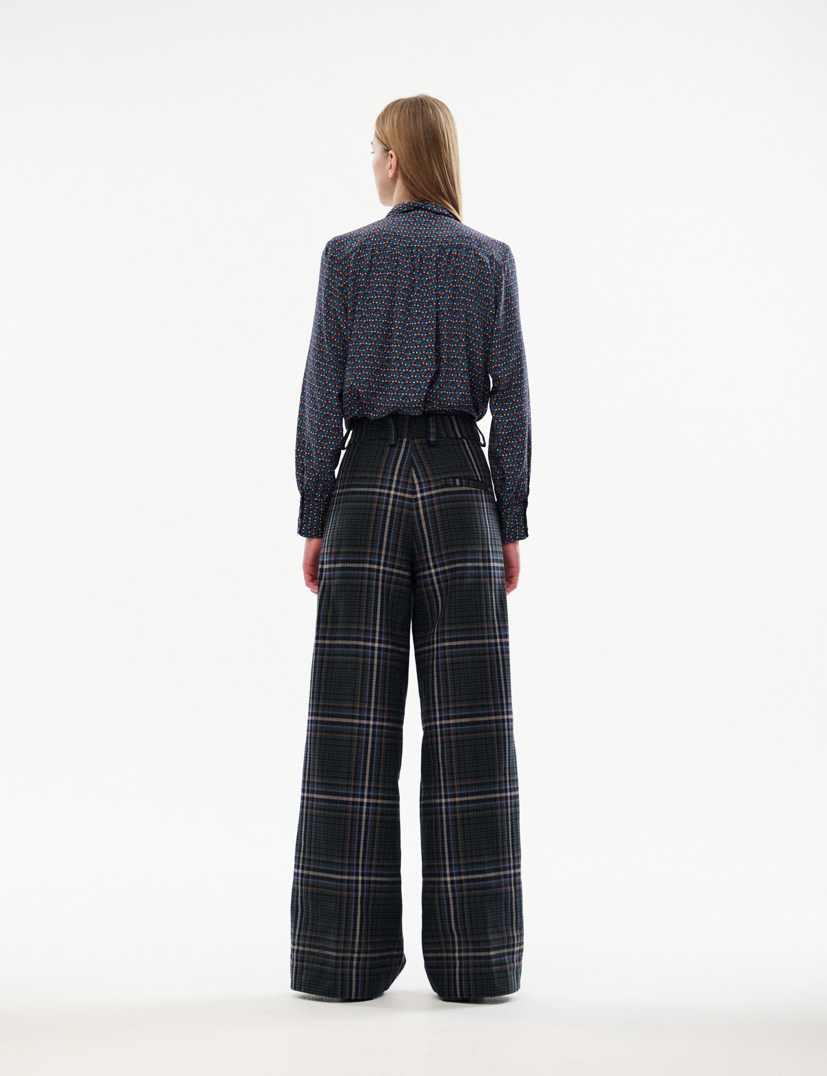 High-waisted wide-leg plaid trousers with belt loops, visible back yoke seam and full-length legs.