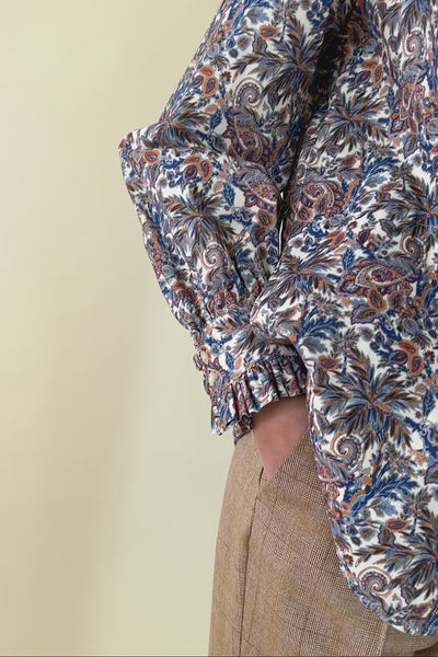 Paisley patterned shirt jacket in blue brown and grey with frilled cuffs