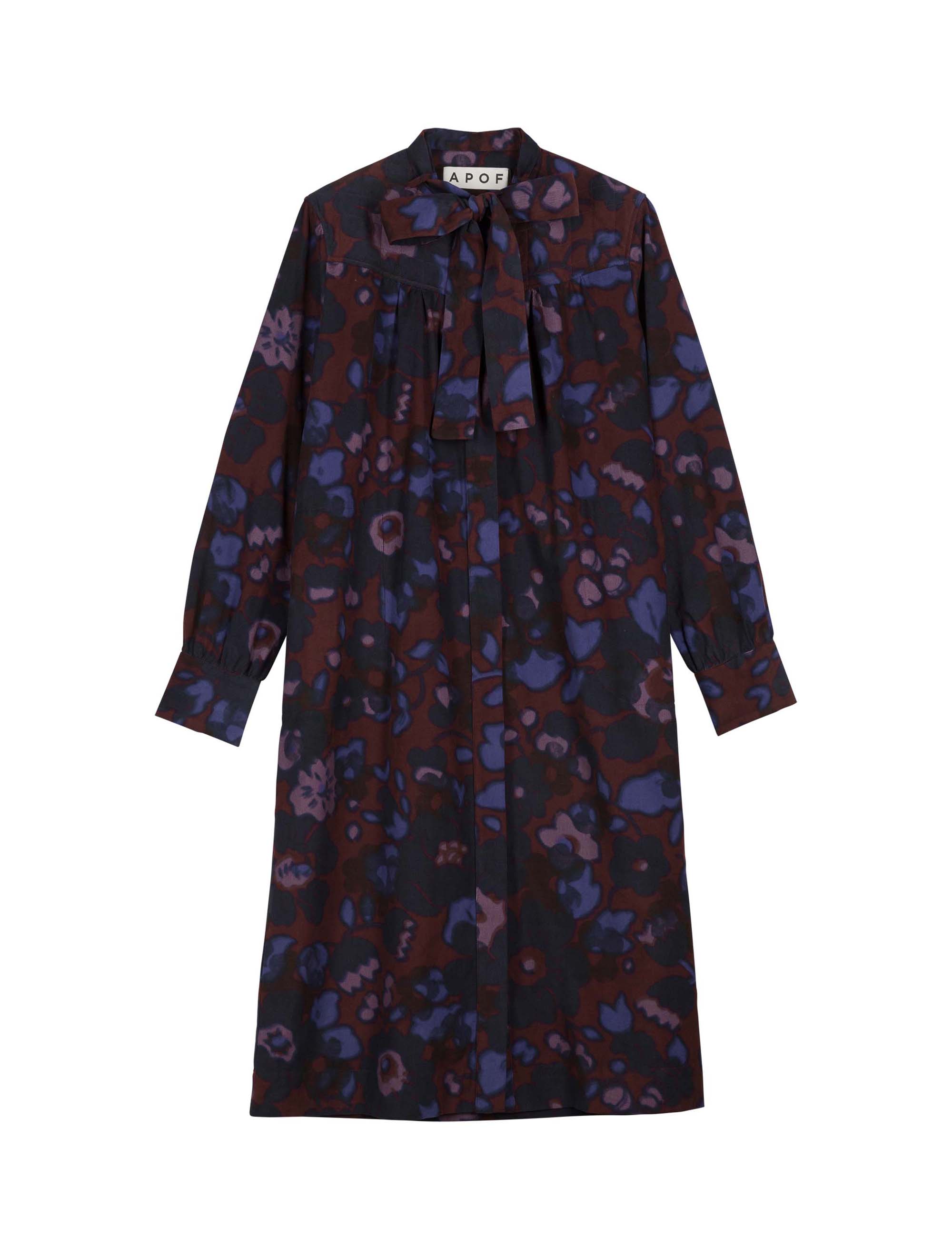 Burgundy, pink and blue flower patterned dress with long sleeves and collar bow