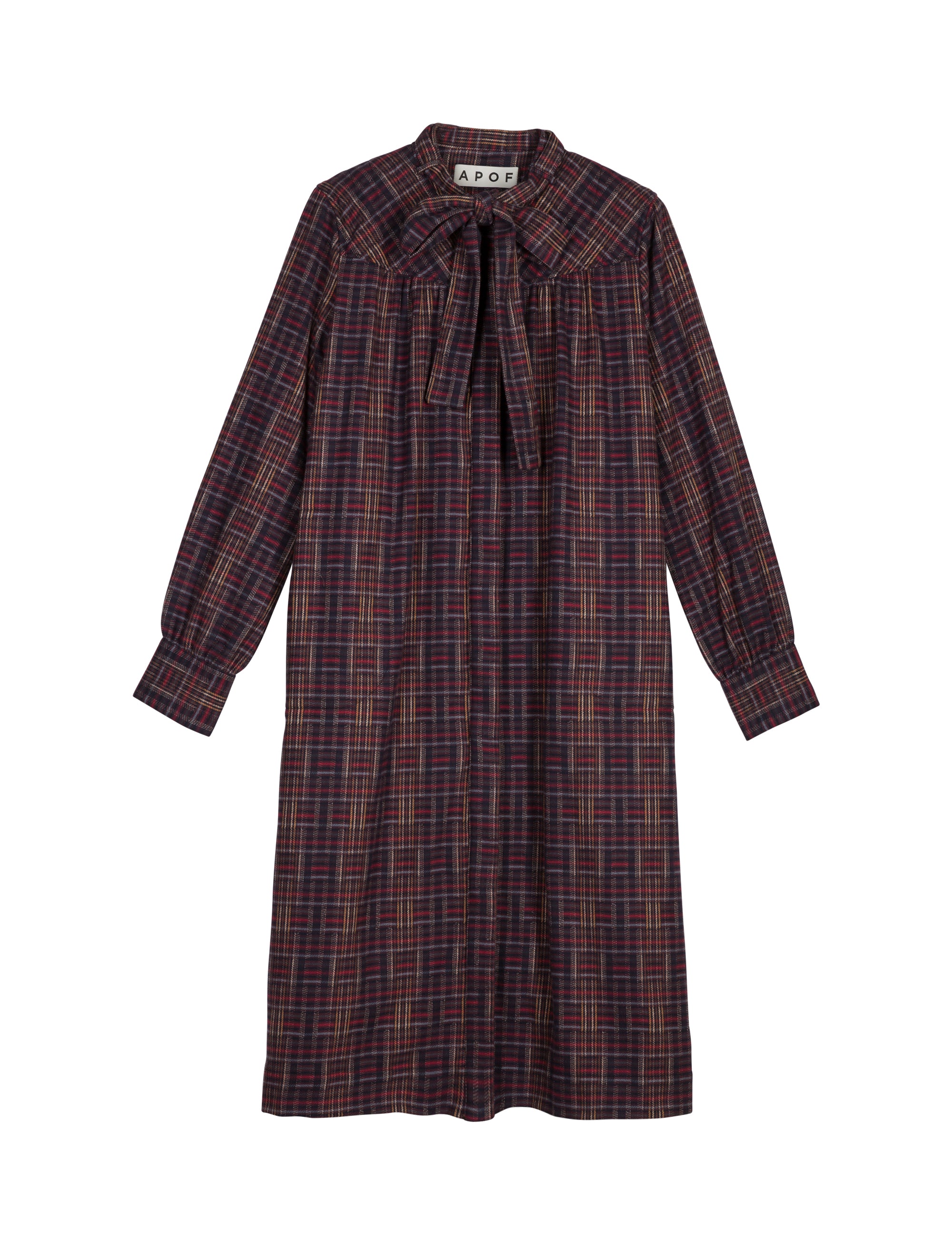 Burgundy and brown checked dress with long sleeves and collar bow