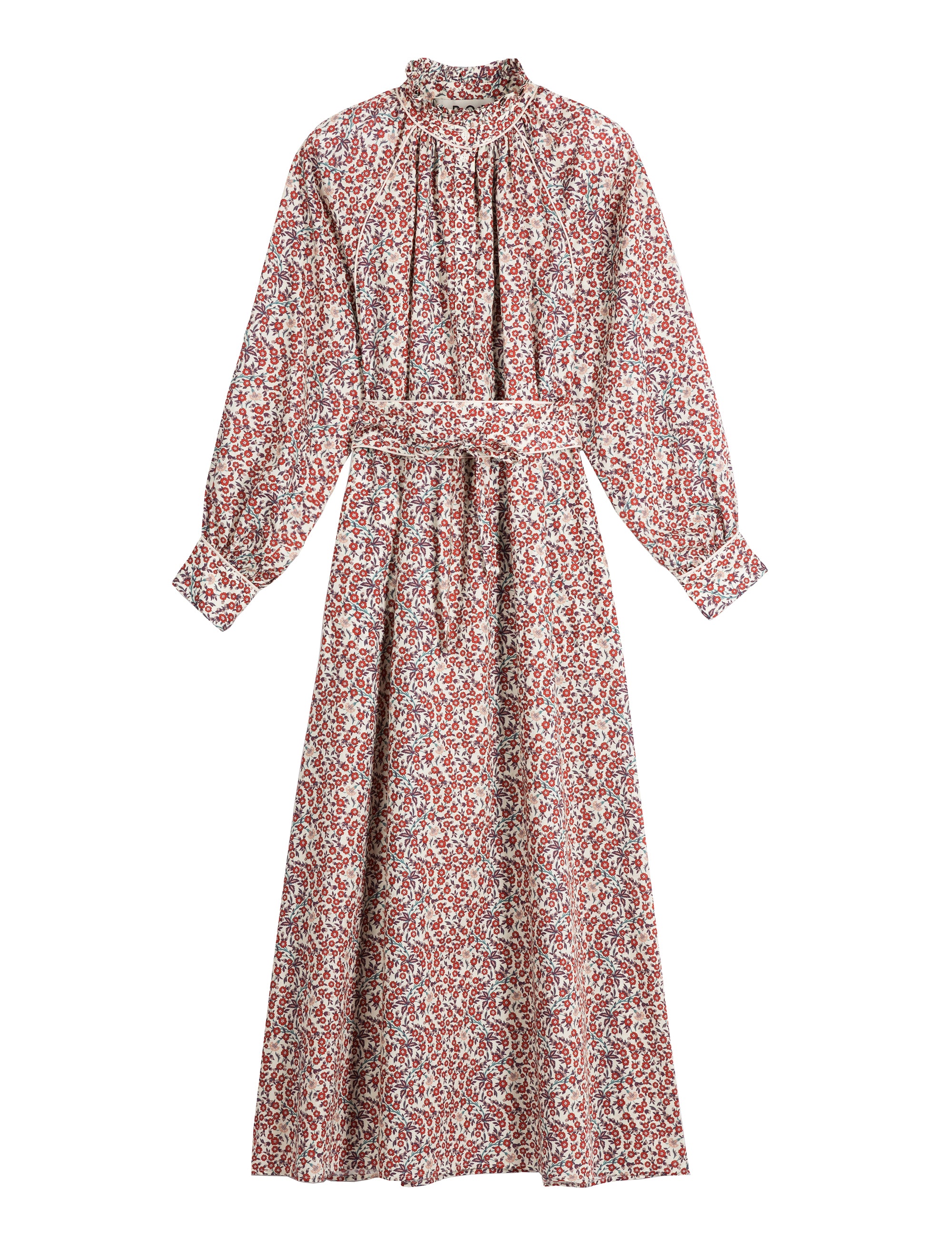 Long dress with red flower pattern, puffed long sleeves and belt 