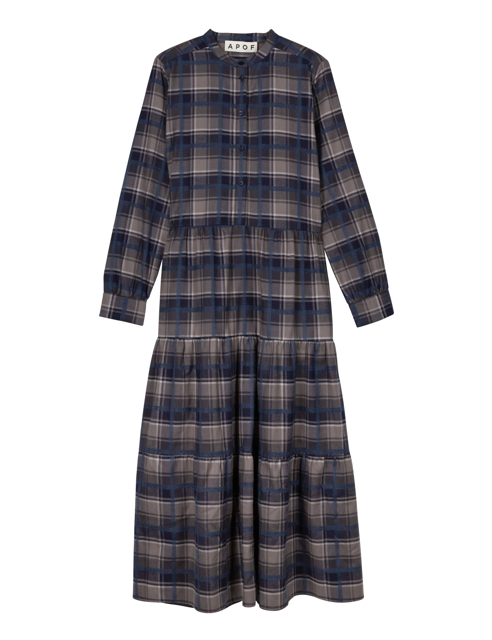 Midi cotton dress with checks in blue and grey, long sleeves and buttons