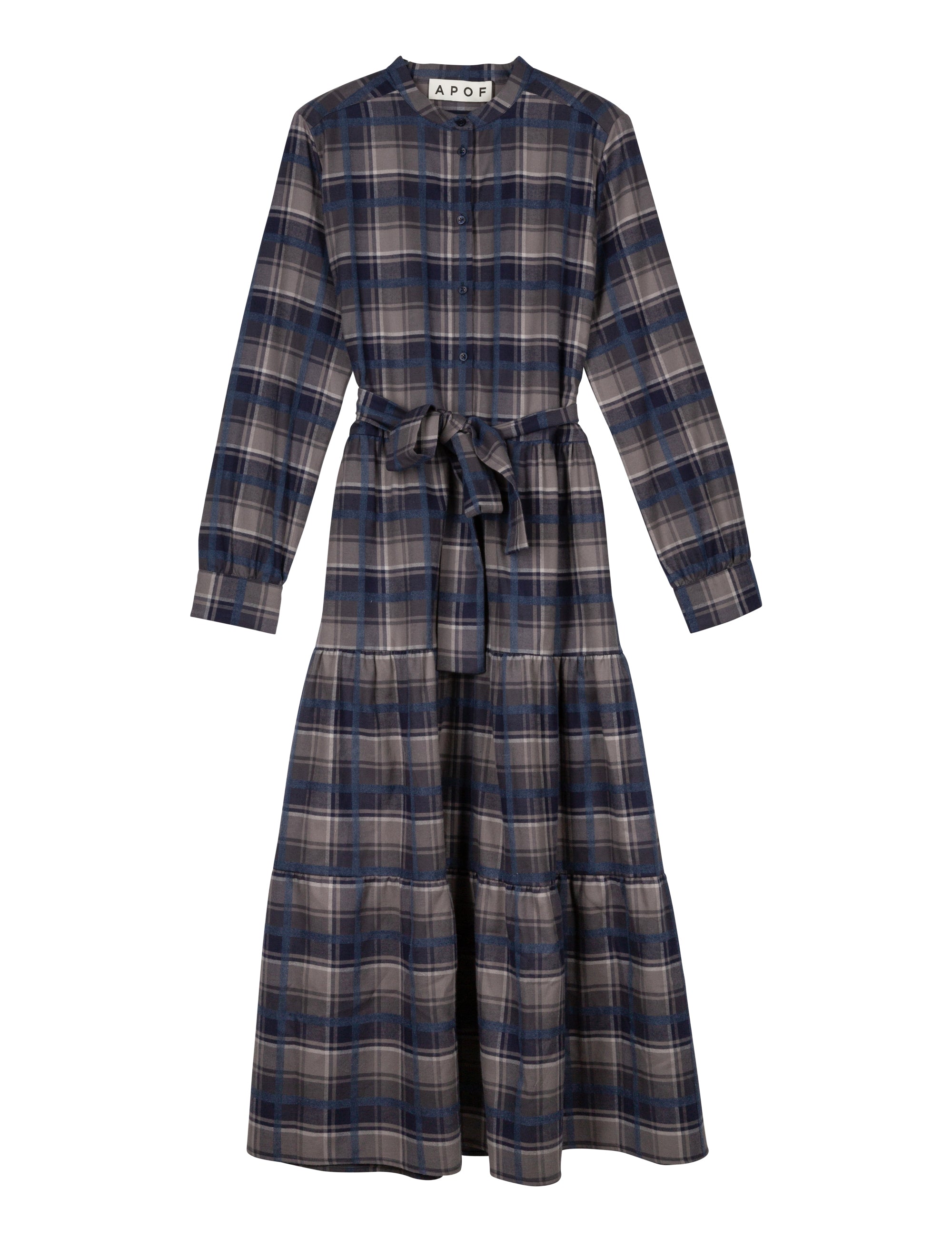 Midi cotton dress with checks in blue and grey, long sleeves, buttons and belt